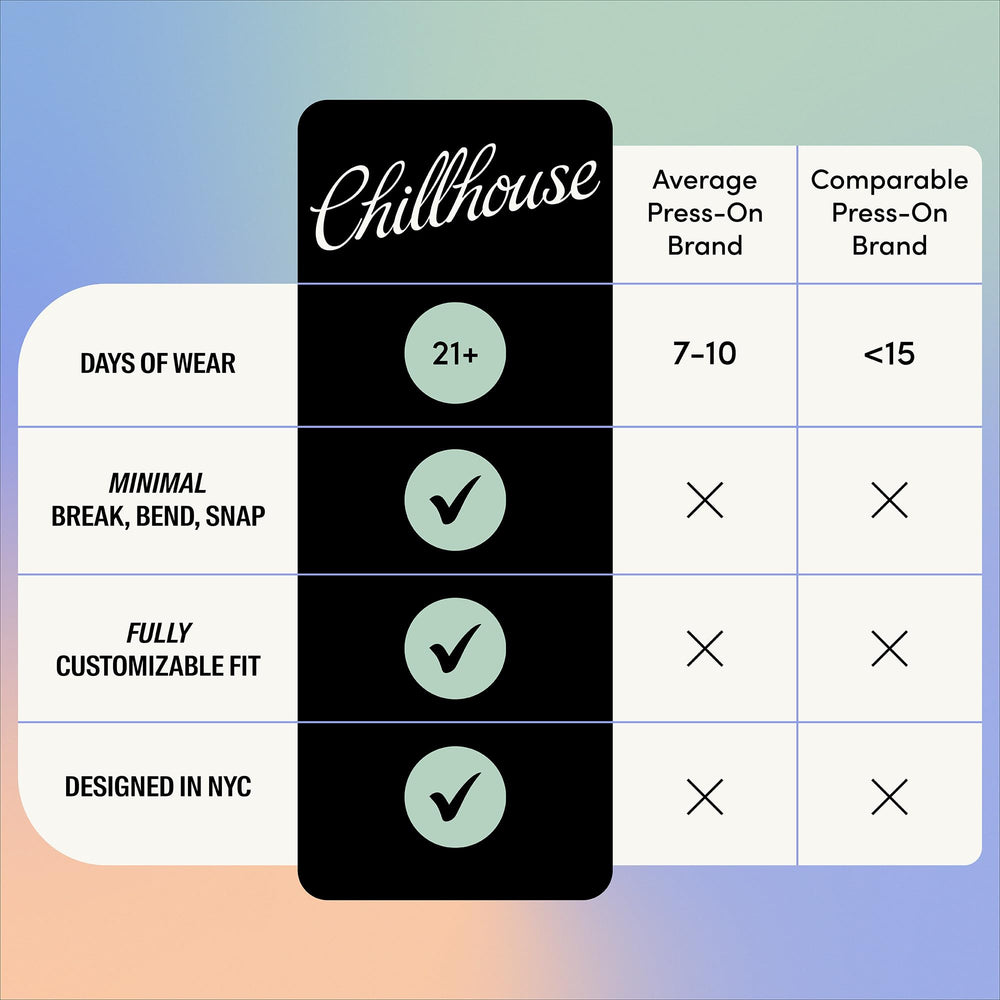 Chillhouse gentle nail glue for secure adhesion.