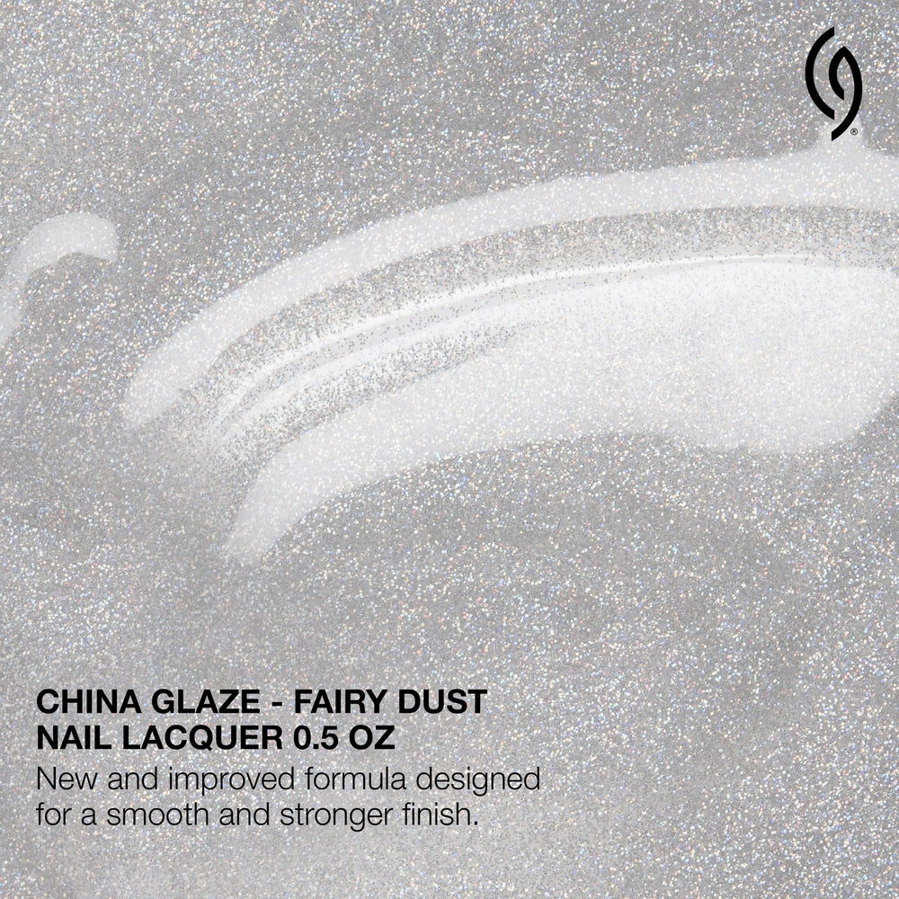 China Glaze Fairy Dust nail swatch demonstrates sheer coverage with radiant glitter.