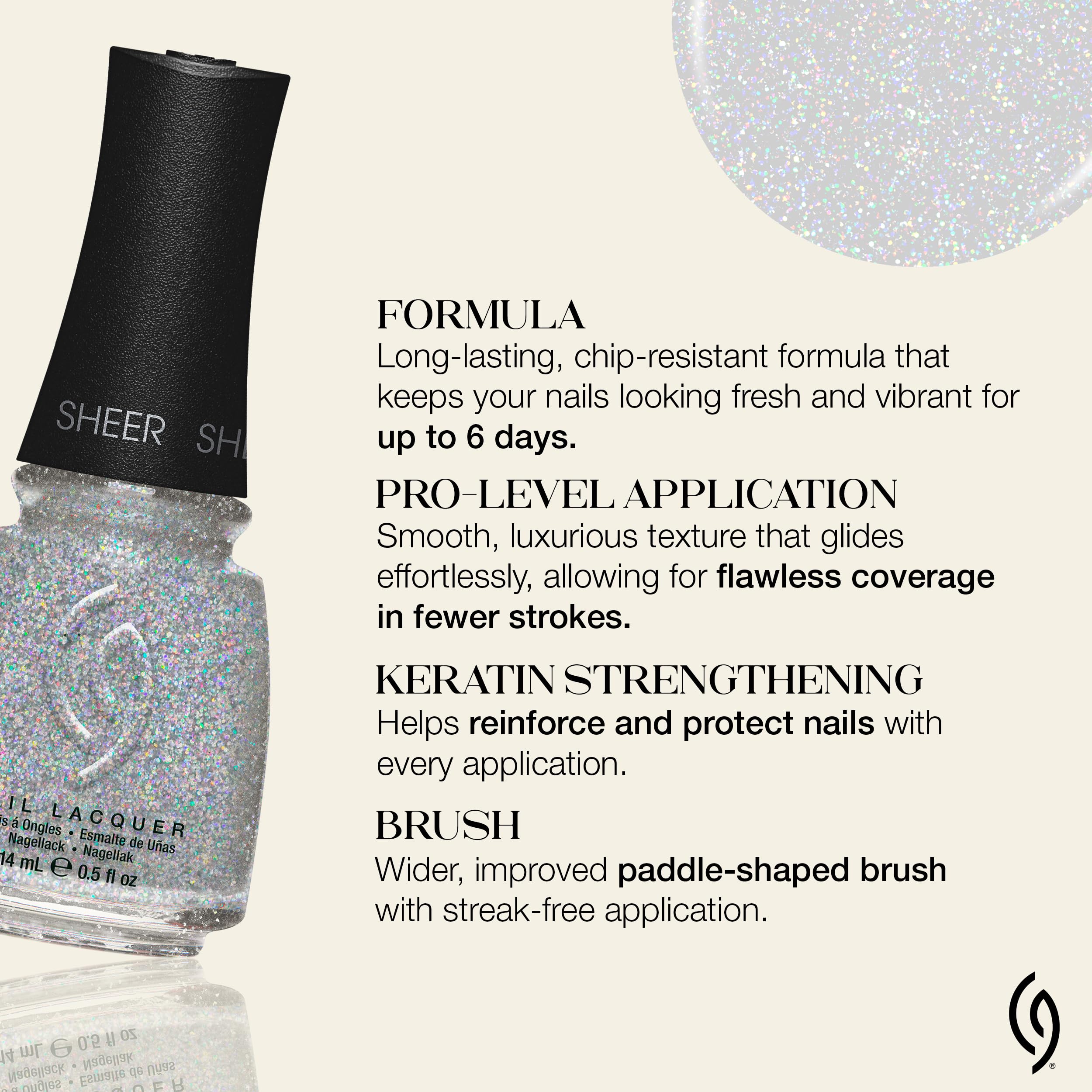 China Glaze Fairy Dust on-nail image shows translucent gloss with twinkling glitter for layered looks.