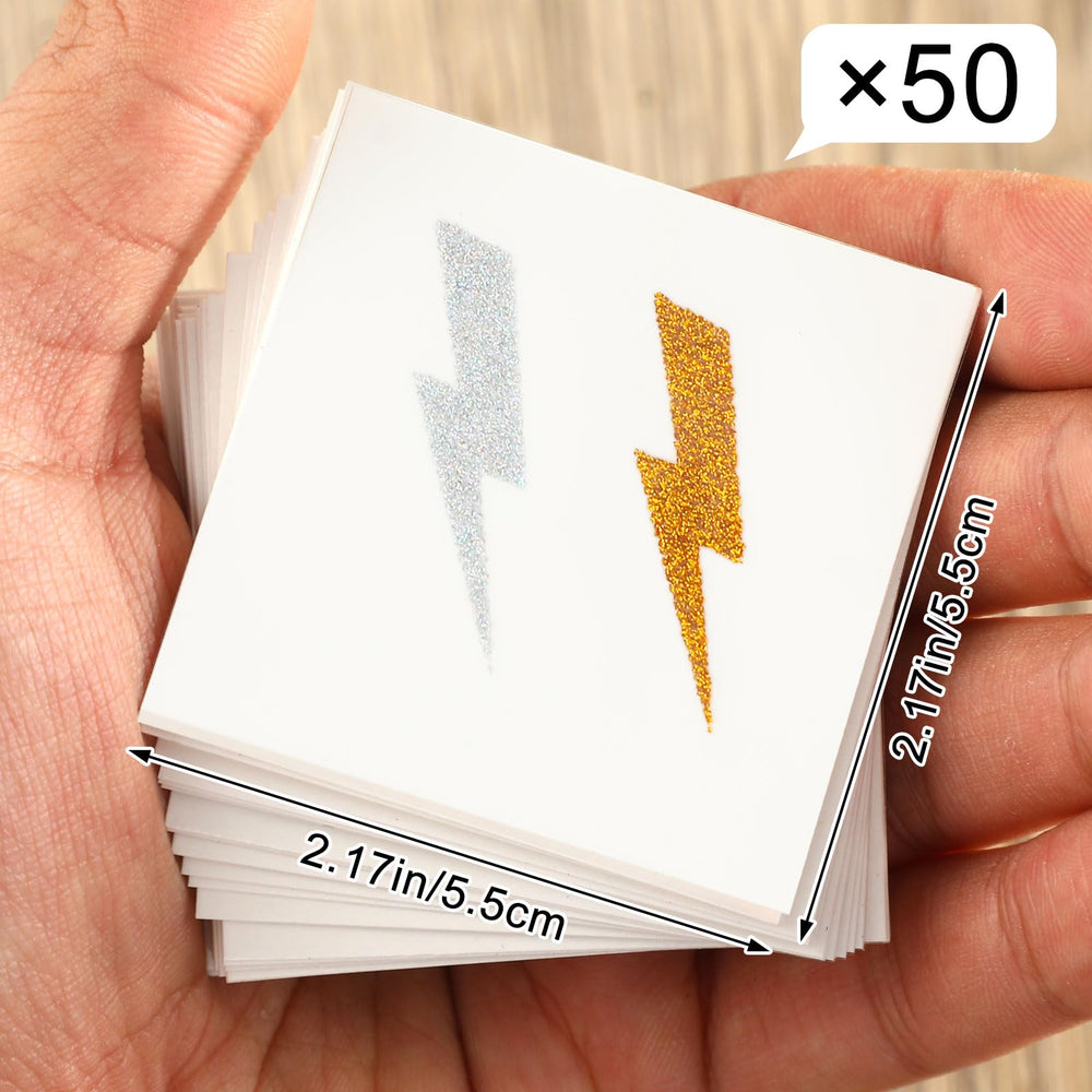 Cholemy glitter lightning bolt tattoo in silver on a 2x2 inch card for radiant shine.