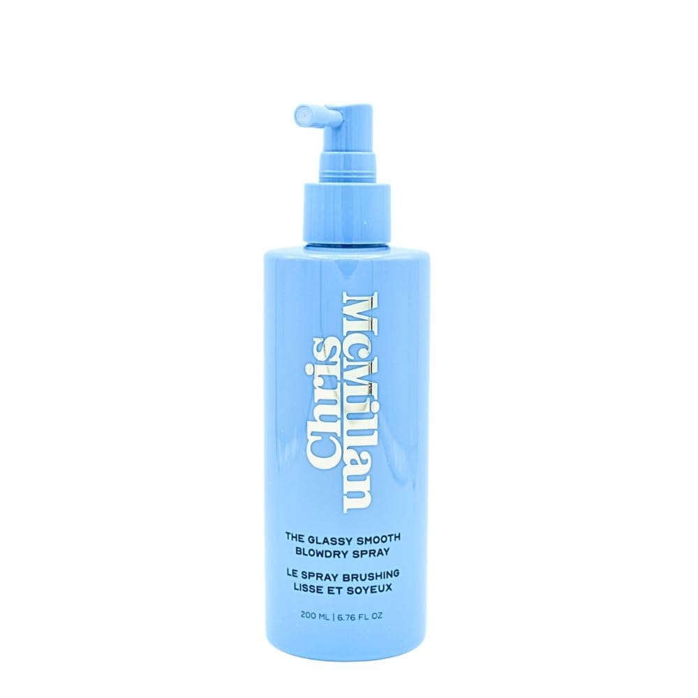 Chris McMillan Glassy Smooth Blowdry Spray bottle shows sleek, shiny finish for frizz control.