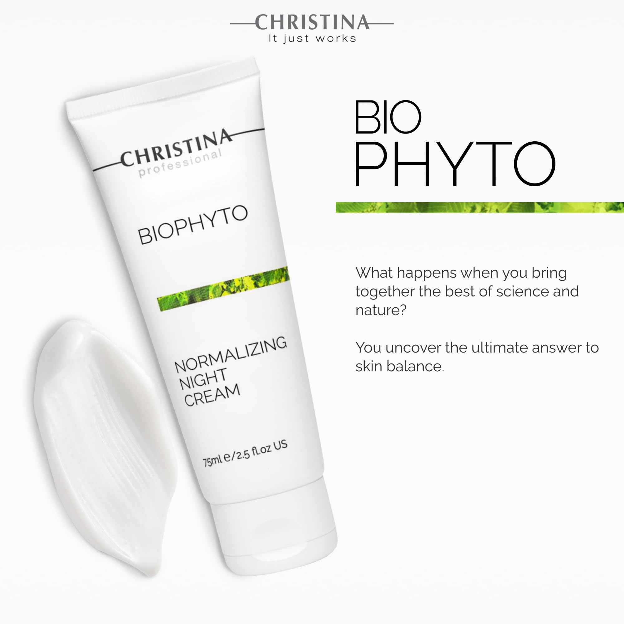 CHRISTINA Bio Phyto Normalizing Night Cream texture close-up shows quick absorption.
