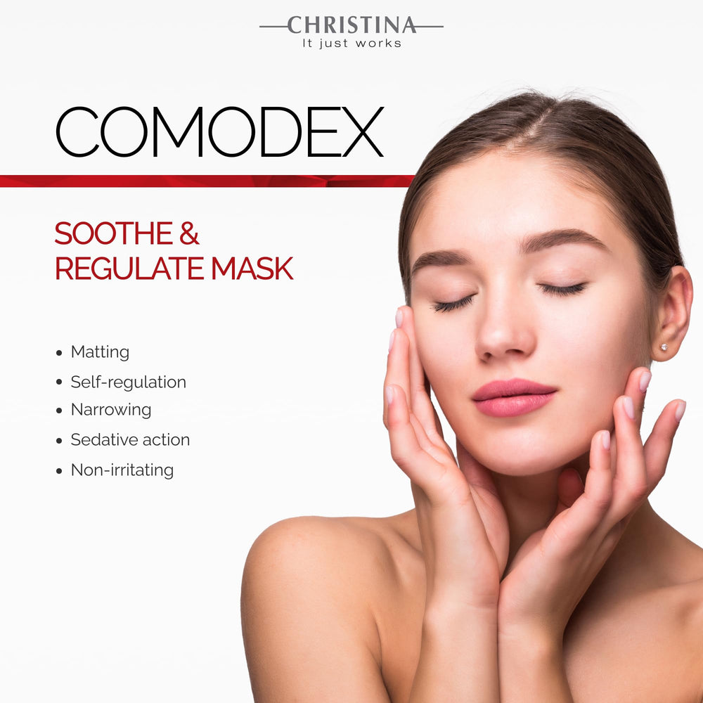 CHRISTINA Comodex packaging close-up highlighting clean beauty and safe formula.