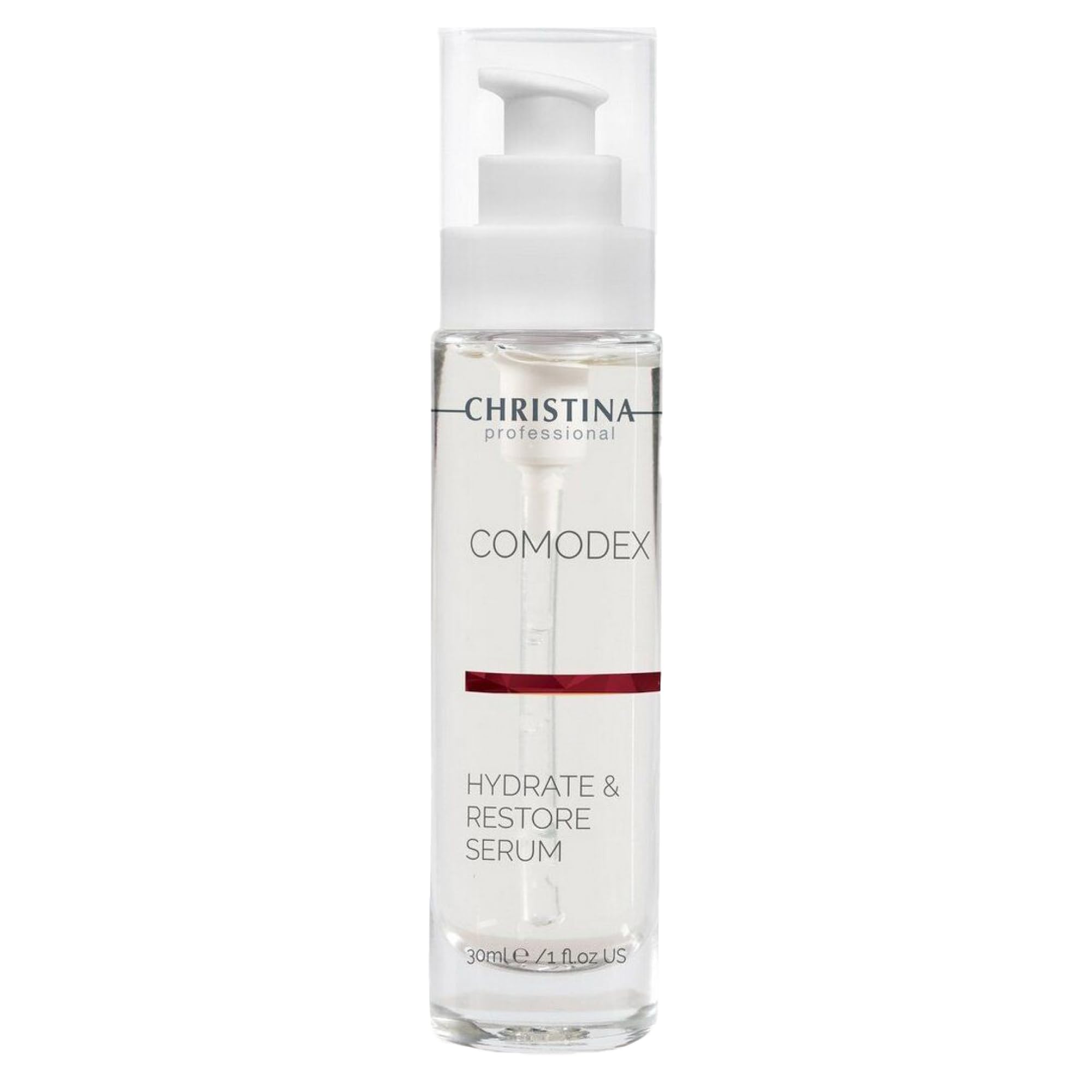 Christina Comodex serum bottle pour enables precise hydration for a smooth complexion