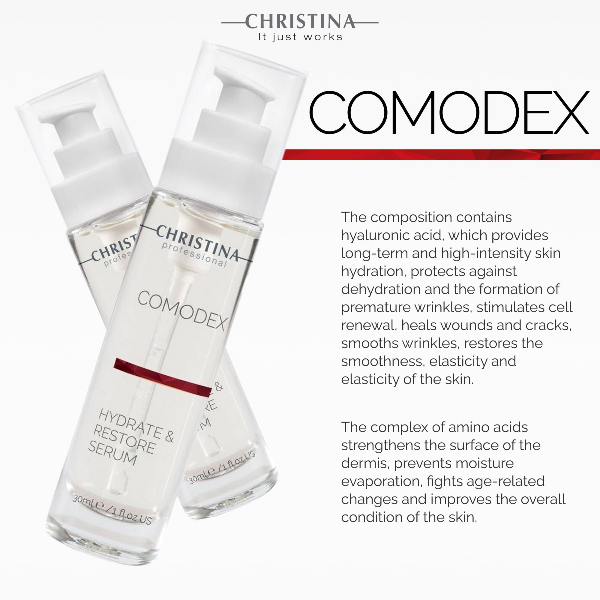 Christina Comodex serum dispense droplets illustrate light, quick-absorb hydration suitable for morning use