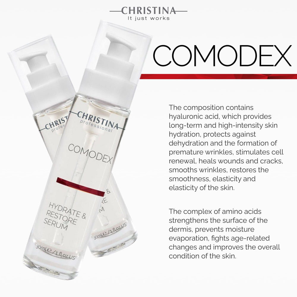 Christina Comodex serum dispense droplets illustrate light, quick-absorb hydration suitable for morning use