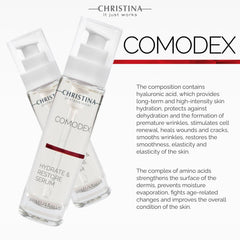 Christina Comodex serum dispense droplets illustrate light, quick-absorb hydration suitable for morning use
