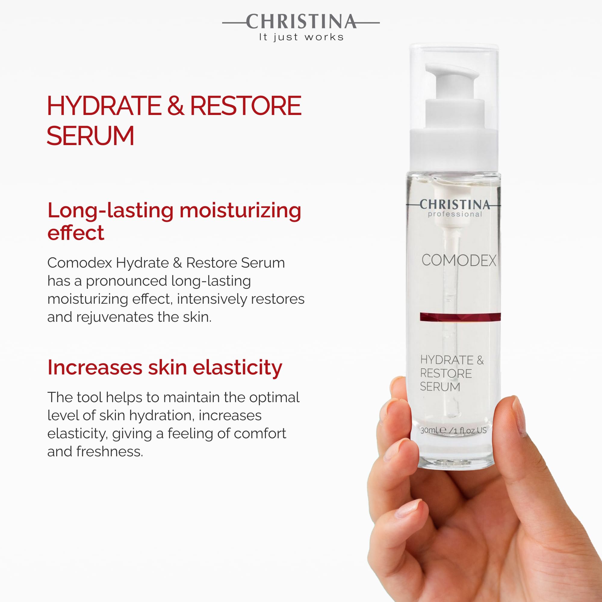 Christina Comodex serum label closeup highlights premium formula for hydrated skin