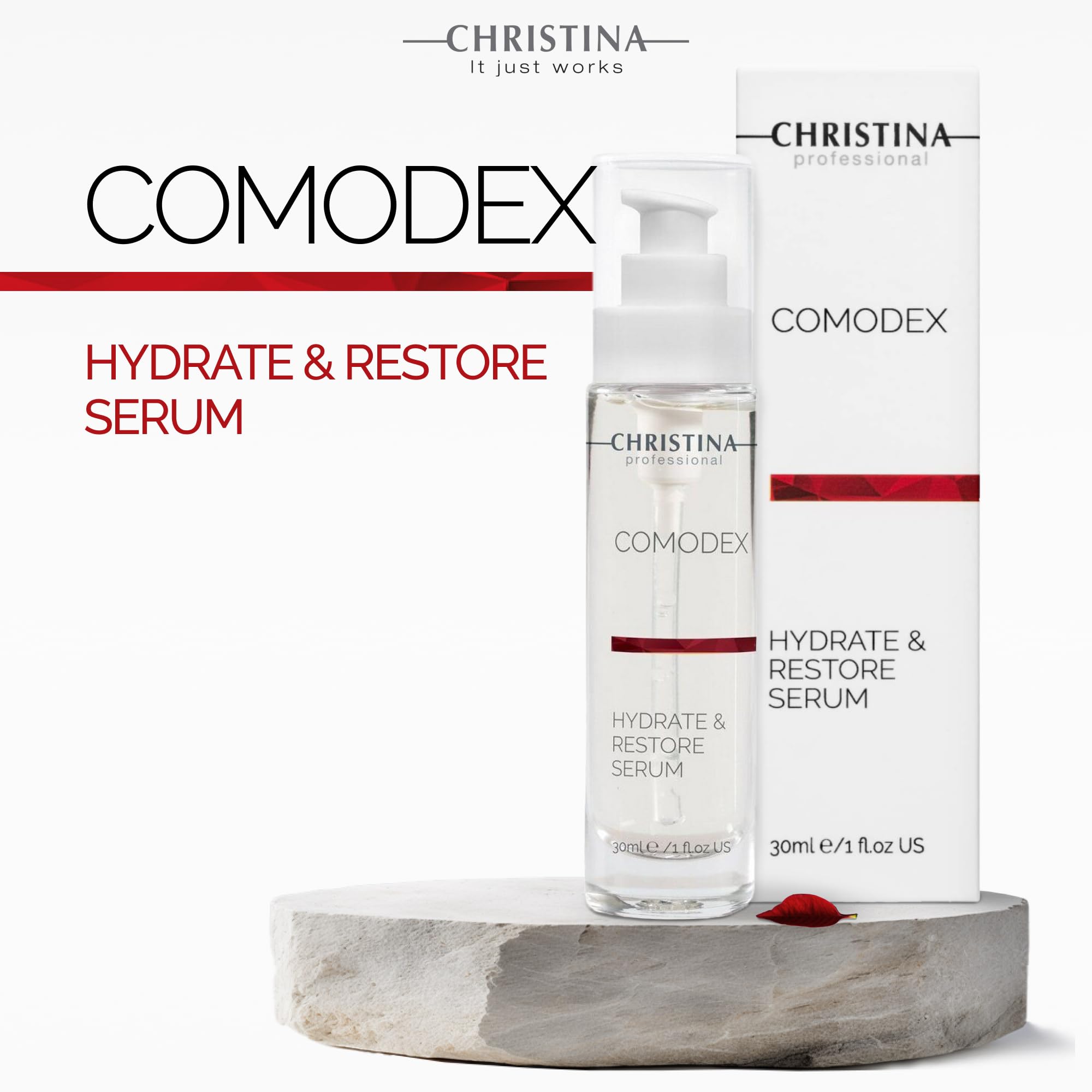 Christina Comodex serum on skin shows plump, smooth texture with lasting hydration