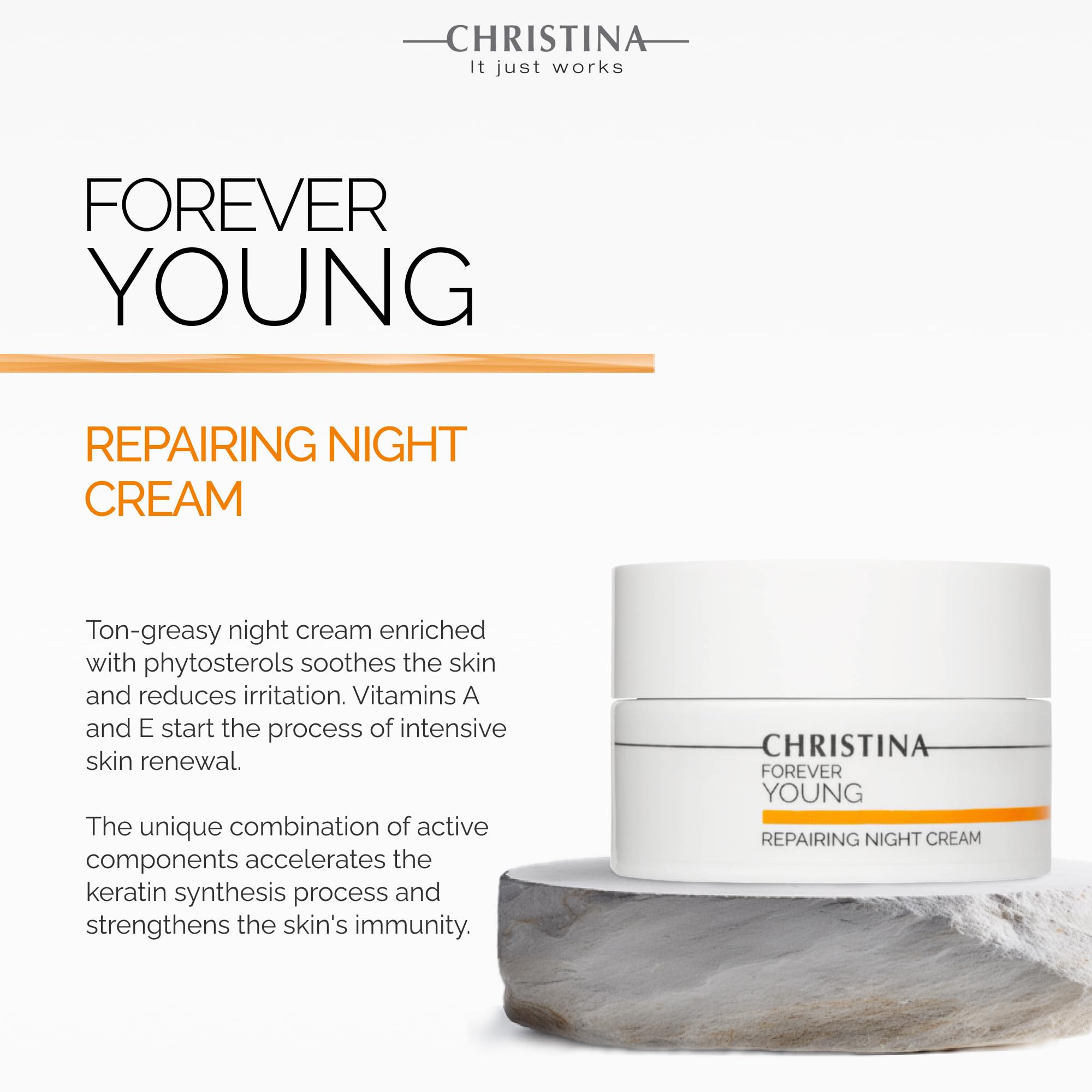 Christina Forever Young Night Cream jar packaging conveys luxury, hydration, and night-time care