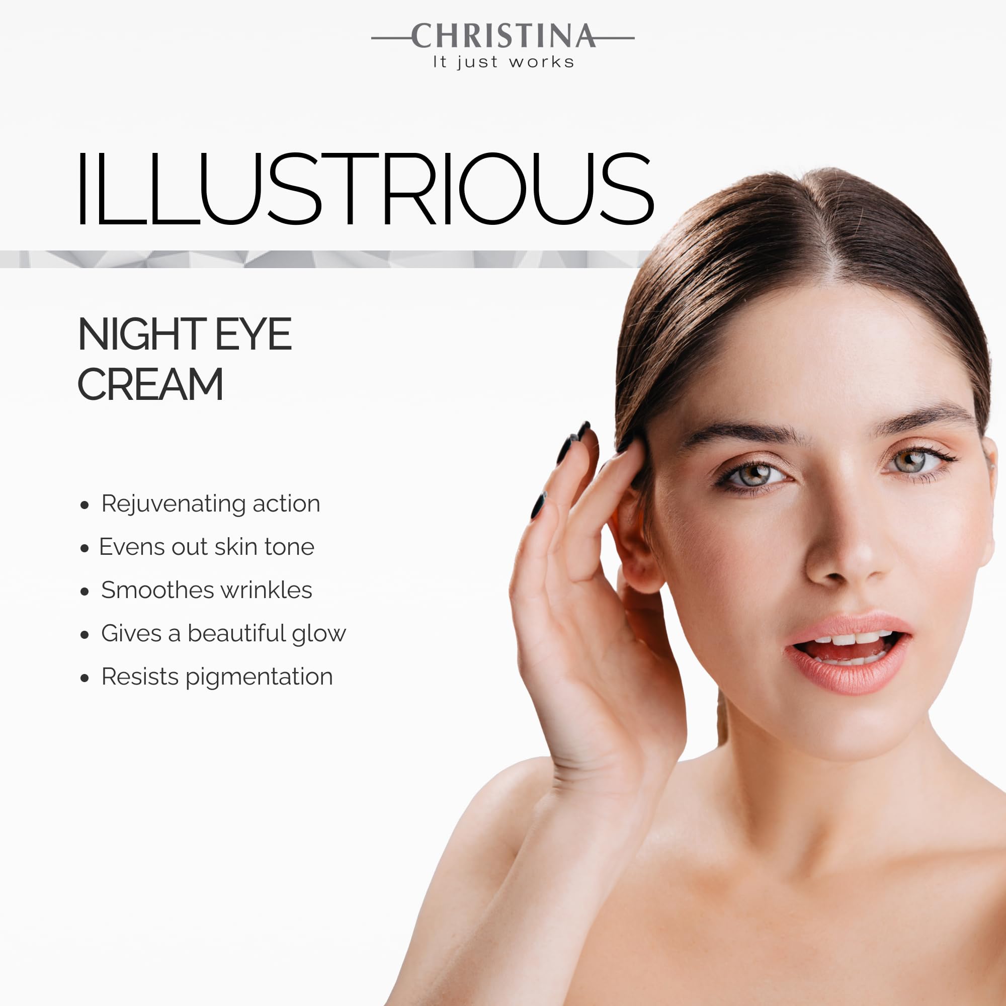 Packaging of CHRISTINA Illustrious Night Eye Cream on a vanity