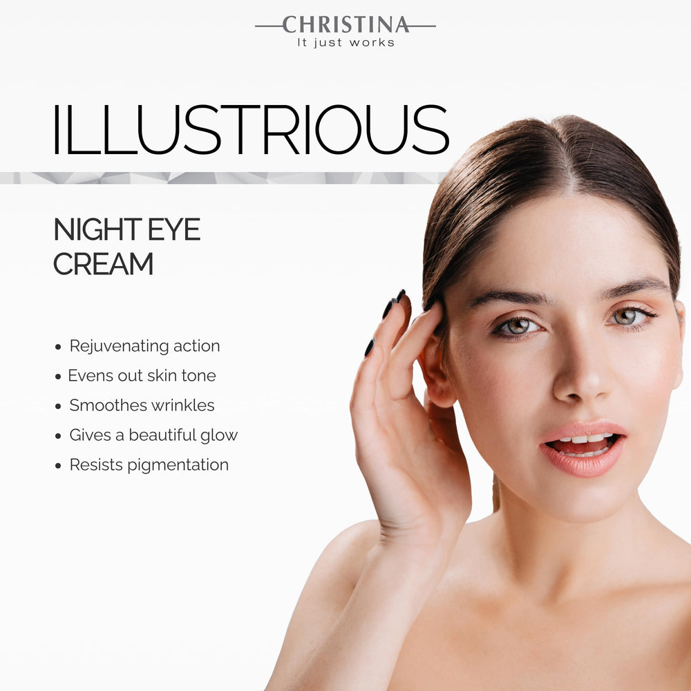 Packaging of CHRISTINA Illustrious Night Eye Cream on a vanity