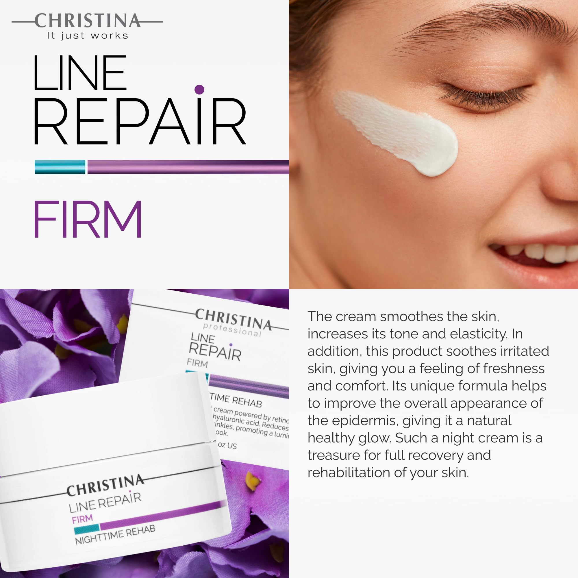 CHRISTINA Line Repair Night Cream ingredients highlight hyaluronic acid for moisture.