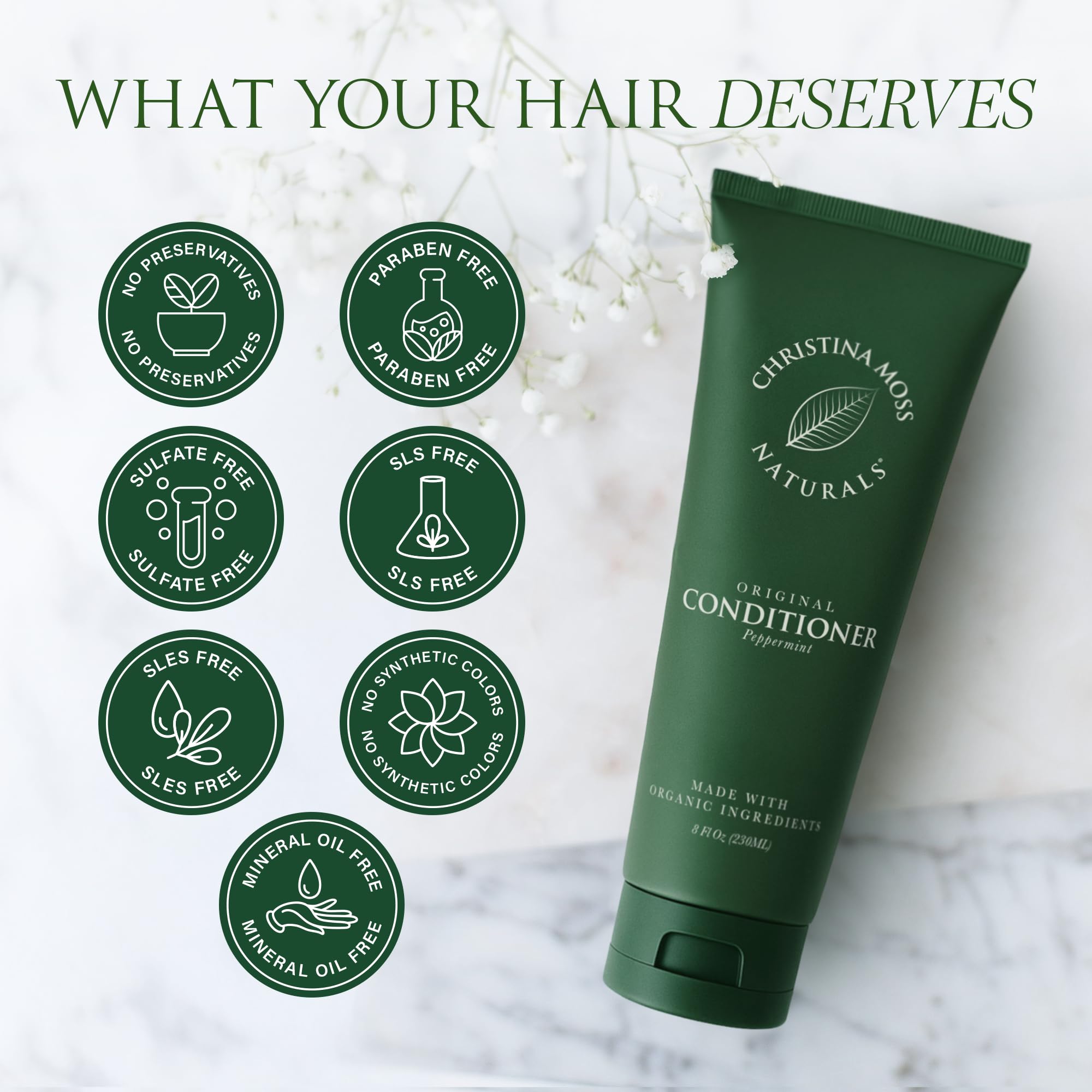 Christina Moss Naturals conditioner in-use shot suggests leave-in or rinse-out versatility
