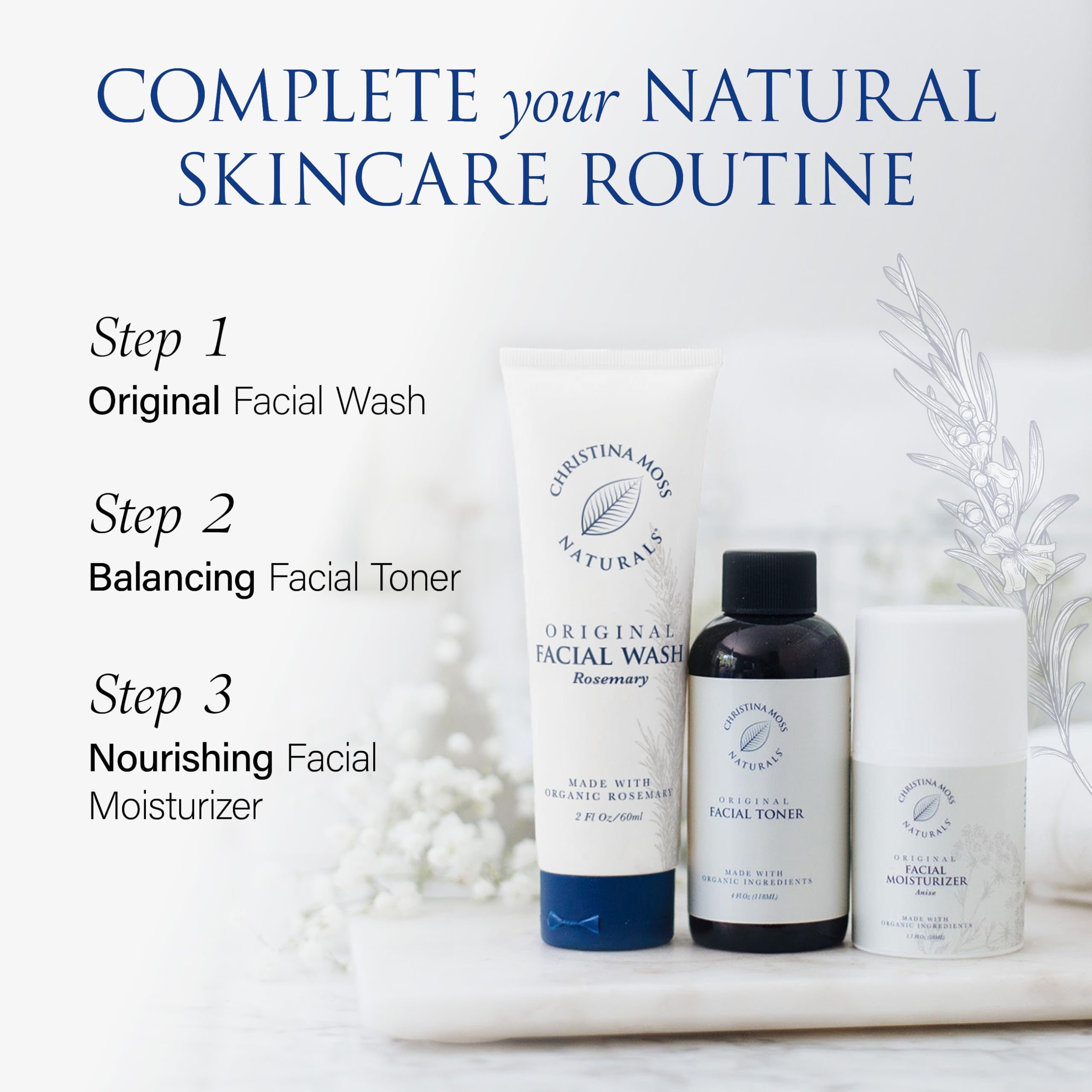 Hands applying Christina Moss Naturals daily face wash during routine