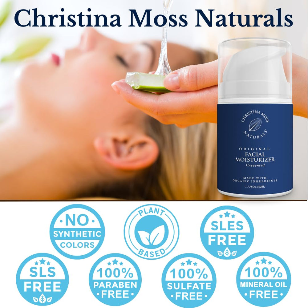 Hands and face show versatile use with Christina Moss Naturals Original Moisturizer