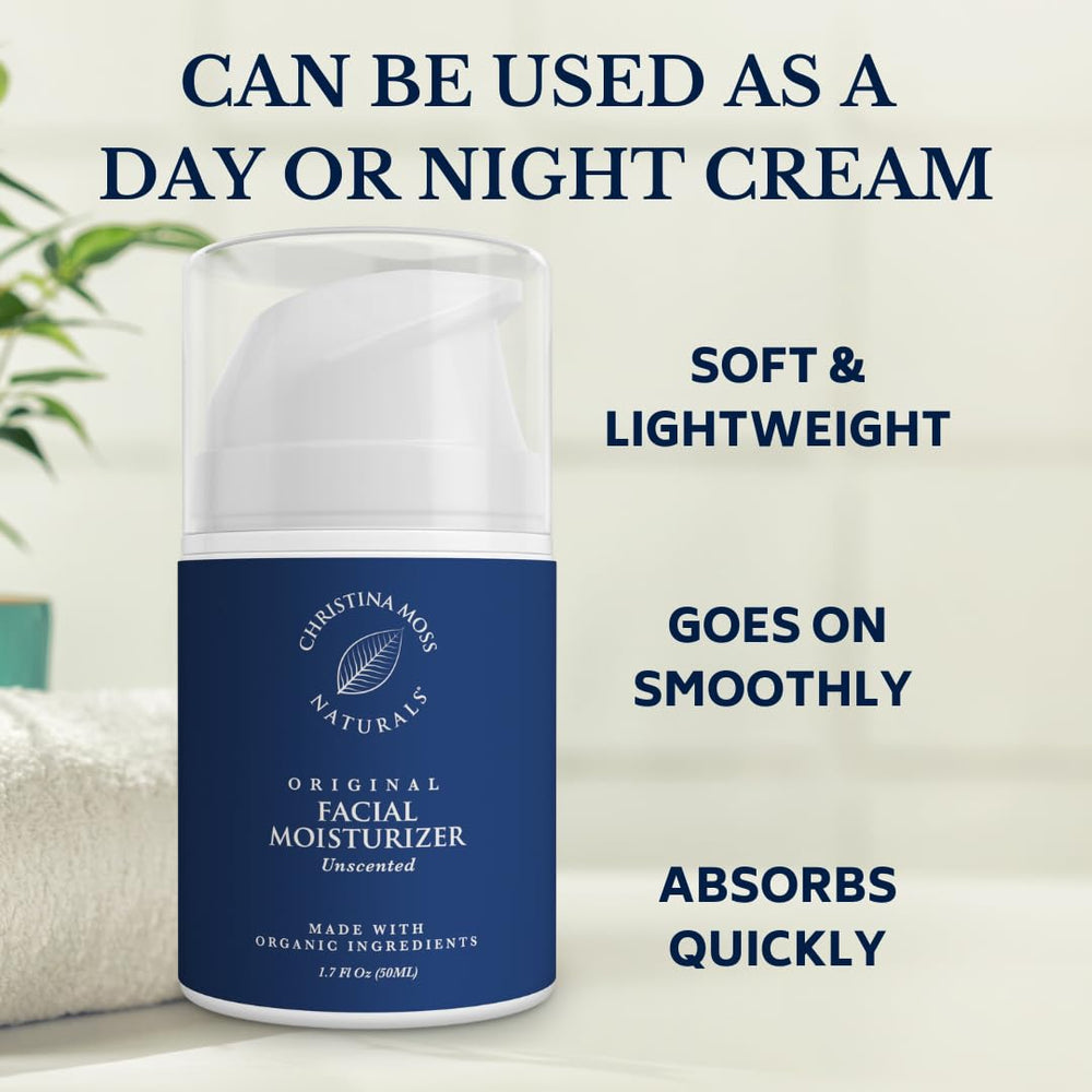 Night routine setup with Christina Moss Naturals Original Moisturizer for gentle overnight nourishment