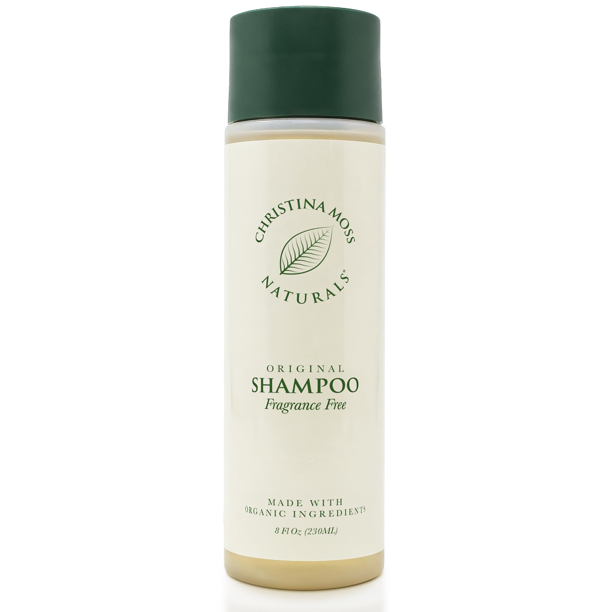 Christina Moss Naturals shampoo bottle on display, gentle formula for sensitive scalps.
