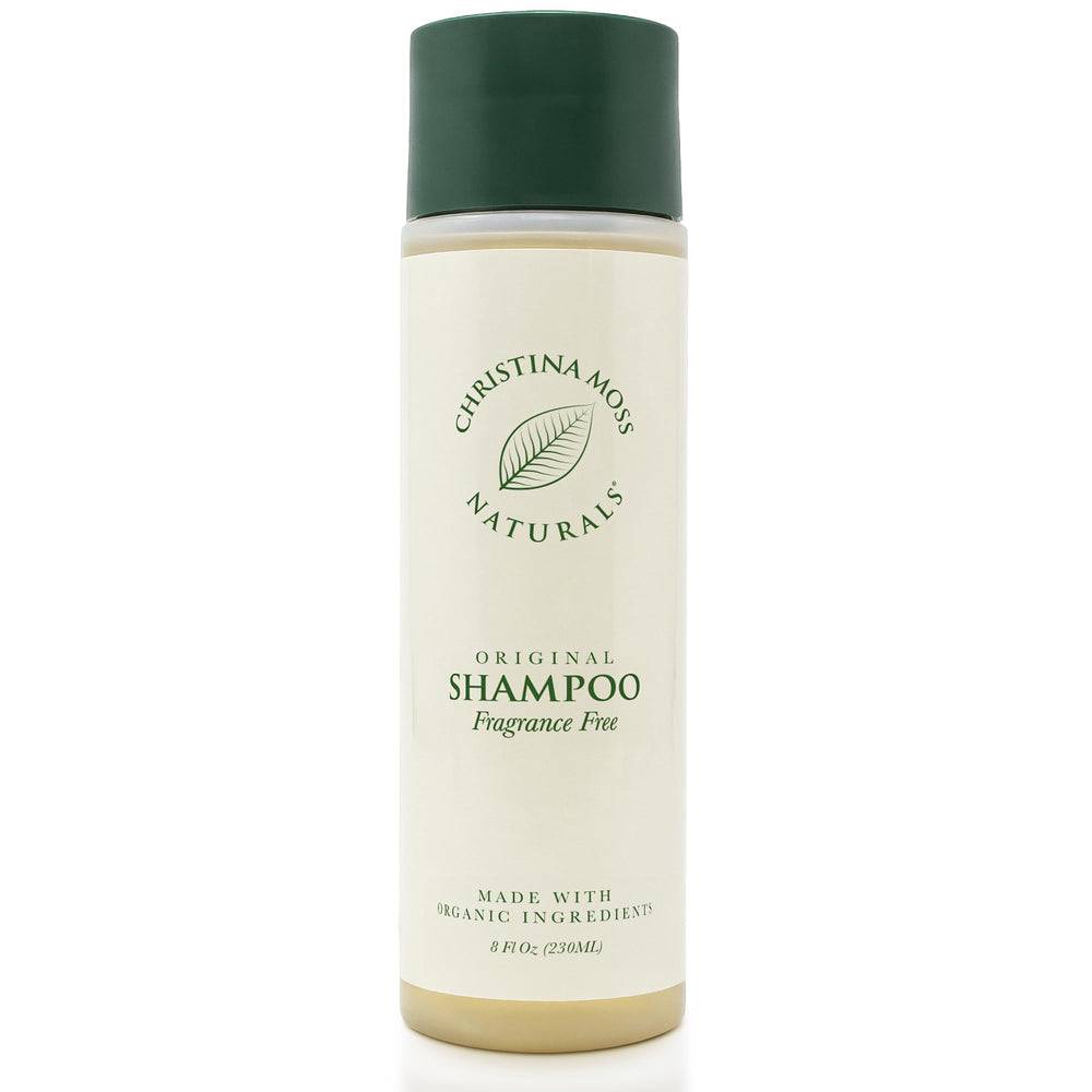 Christina Moss Naturals shampoo bottle on display, gentle formula for sensitive scalps.