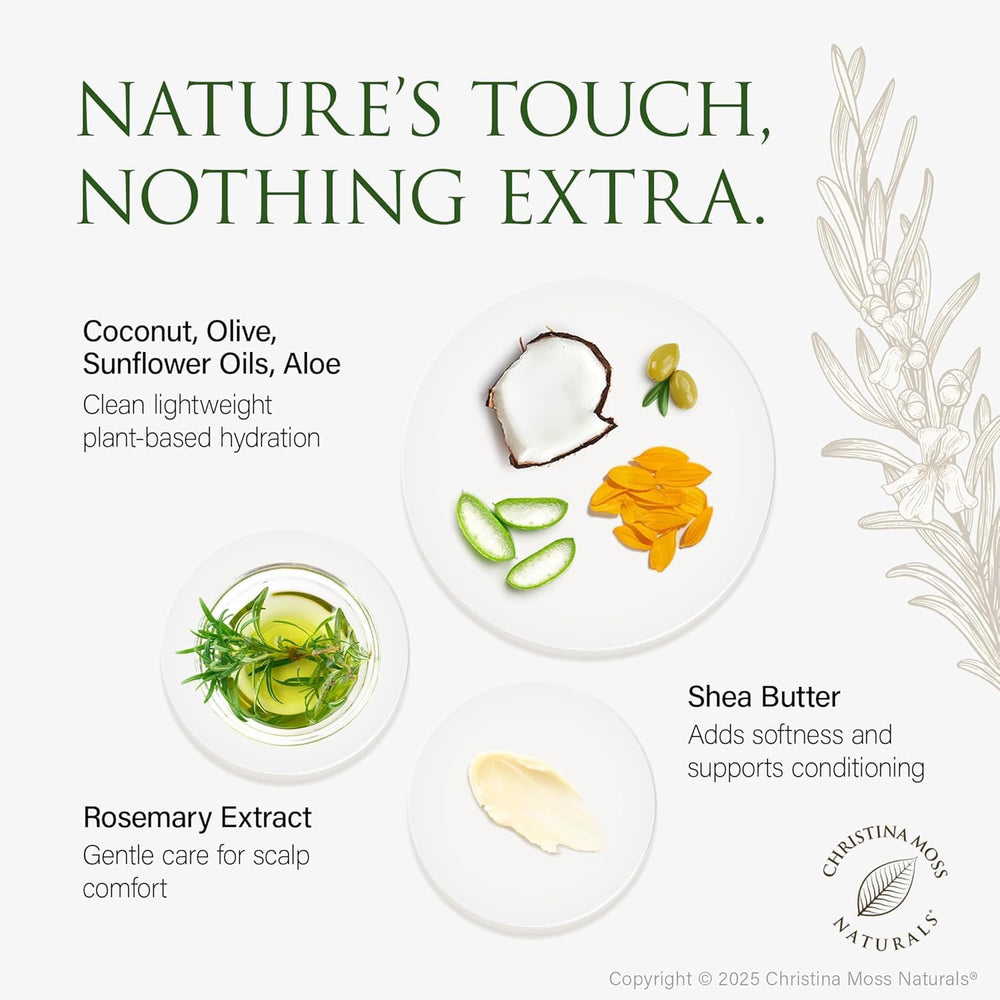 Christina Moss Naturals shampoo bottle emphasizes sulfate-free and fragrance-free formula.
