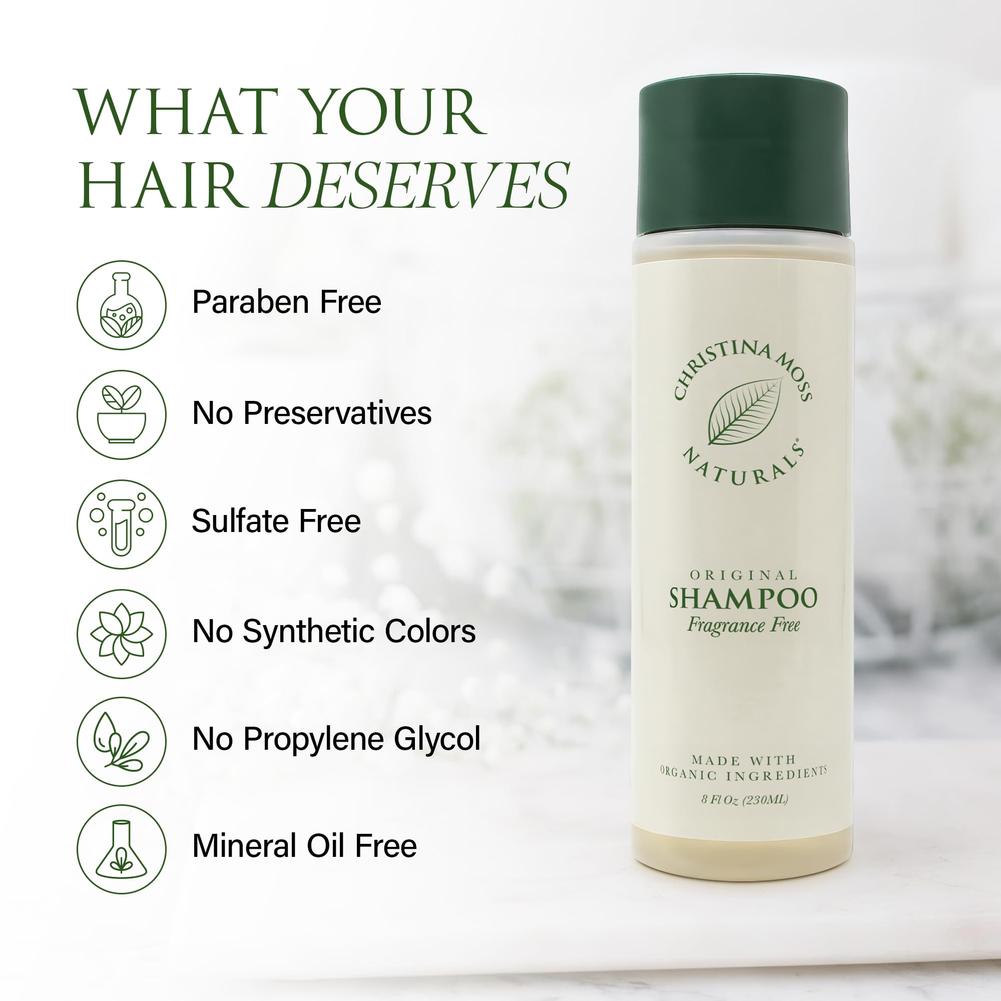 Christina Moss Naturals organic oils nourish hair while cleansing.