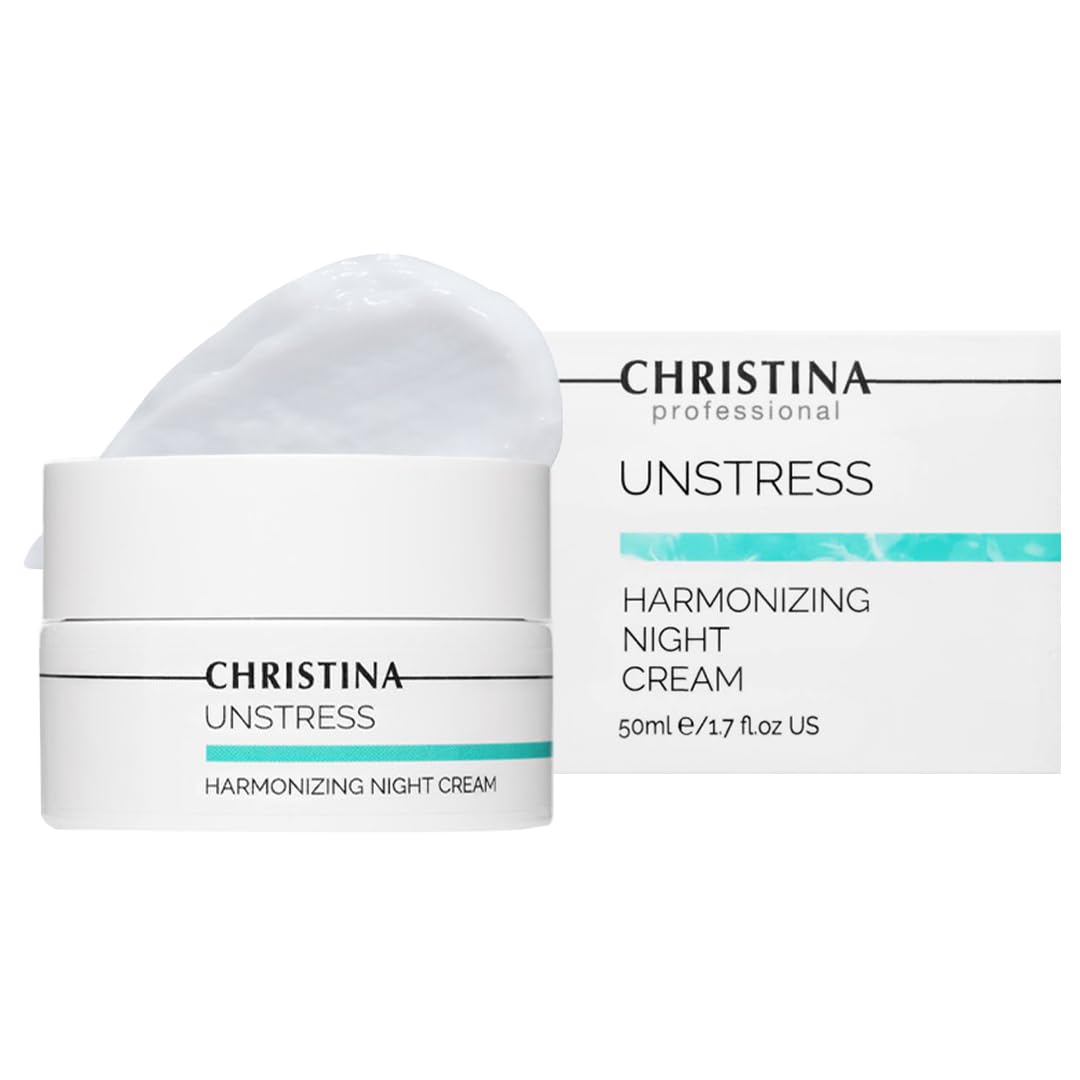 CHRISTINA Unstress Harmonizing Night Cream bottle demonstrates hydration and renewal for dry, aging skin.