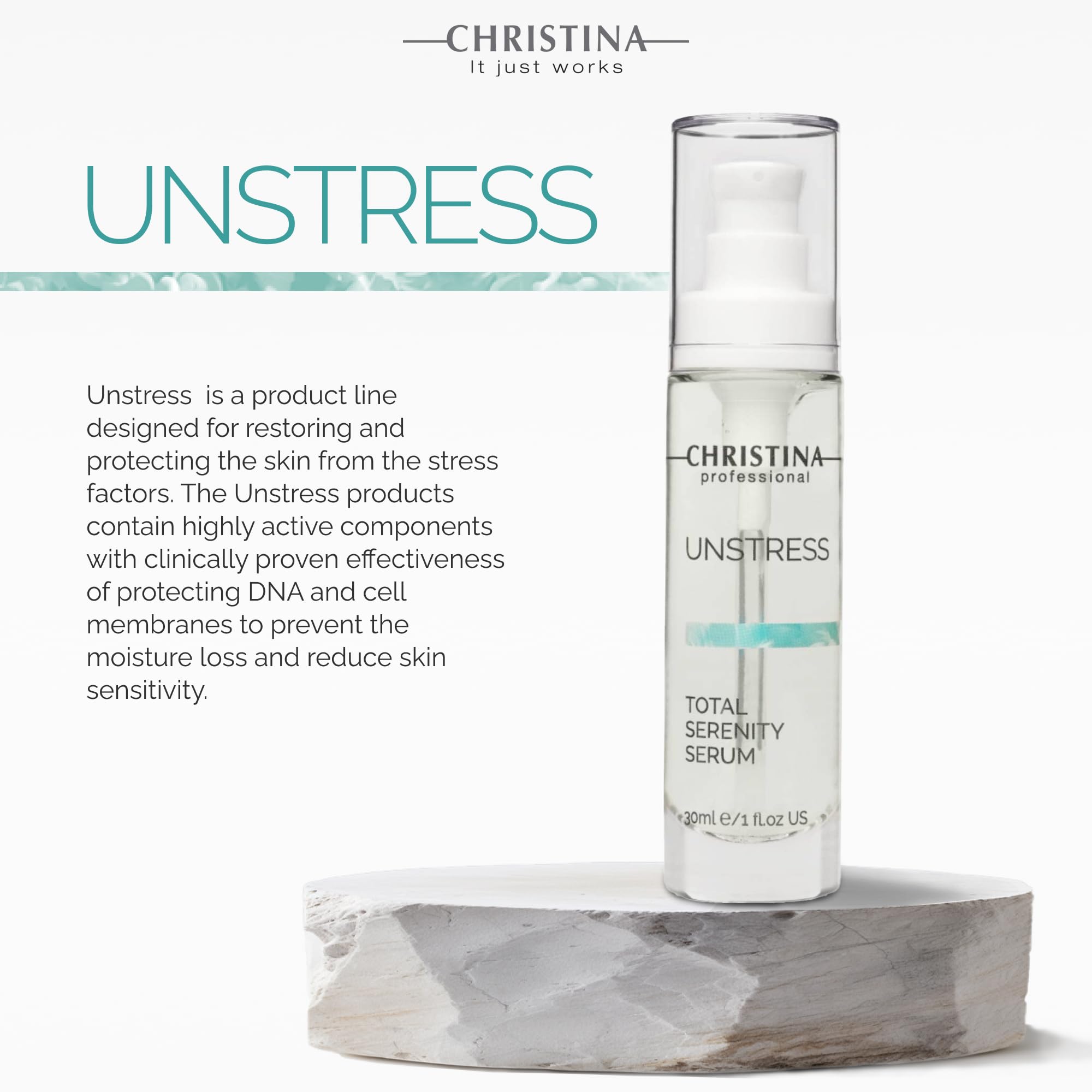 Christina Unstress Total Serenity being gently massaged onto face and neck.