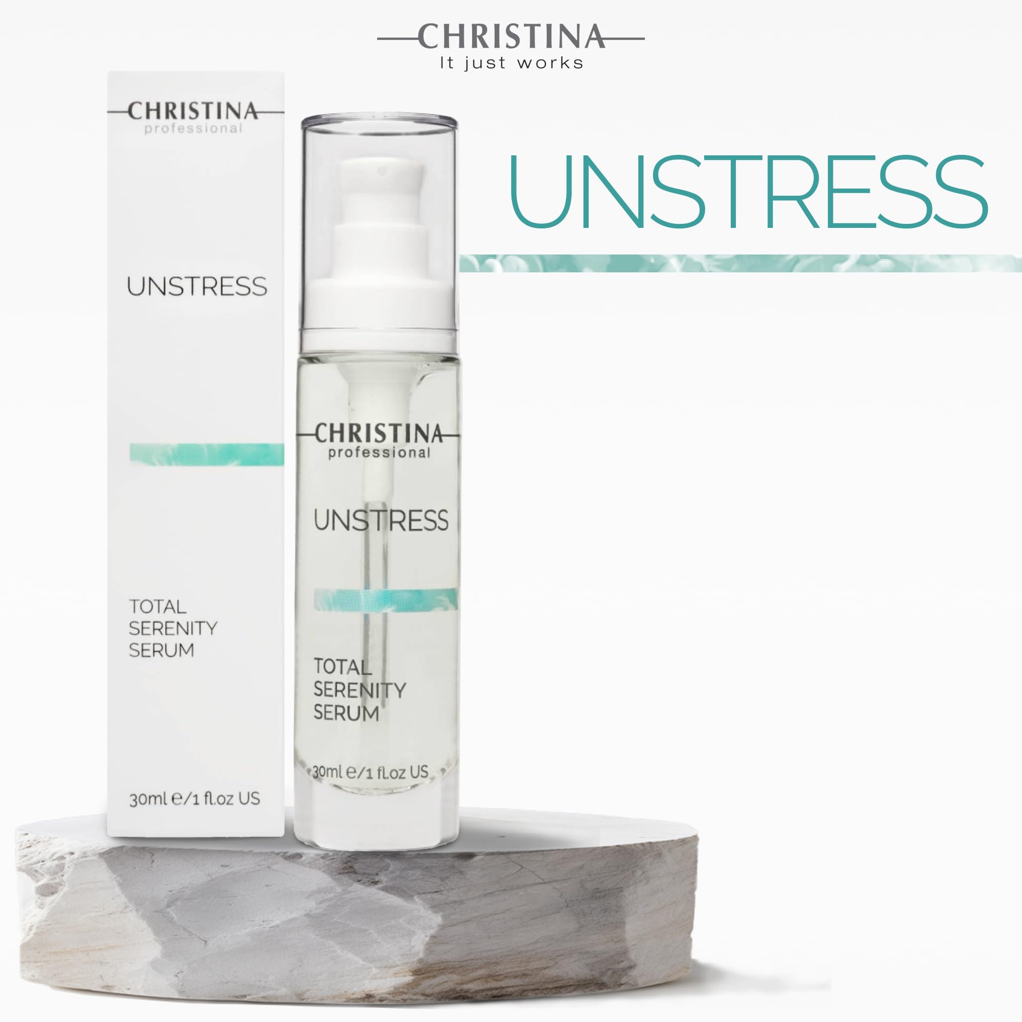 Christina Unstress Total Serenity closeup reveals smooth texture for quick absorption.