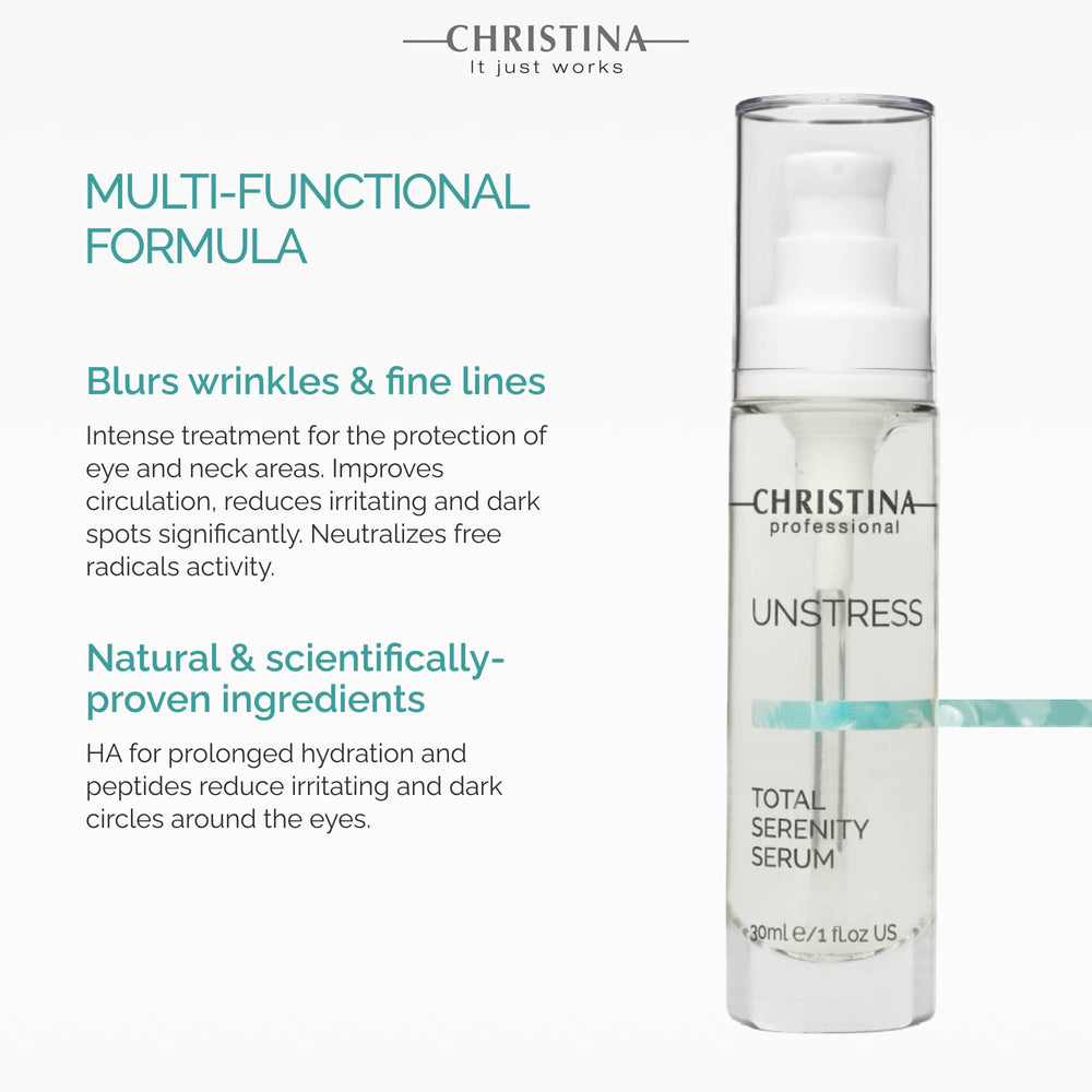 Christina Unstress Total Serenity serum droplets show quick-absorb texture for stressed skin.