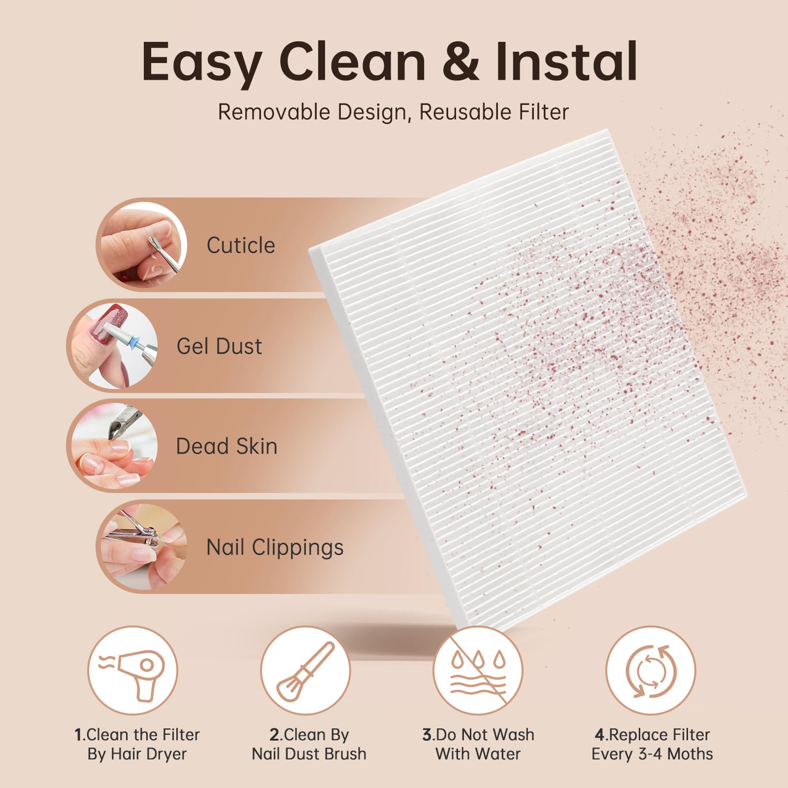 CHRISTINE SHELLY nail dust collector disposable filter pack, easy maintenance.