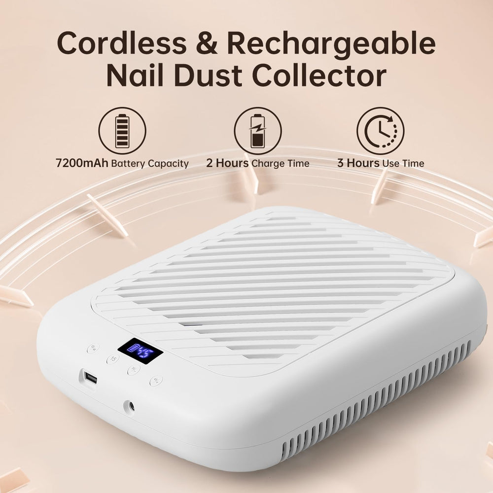 CHRISTINE SHELLY nail dust collector side view, ergonomic handle for easy transport.