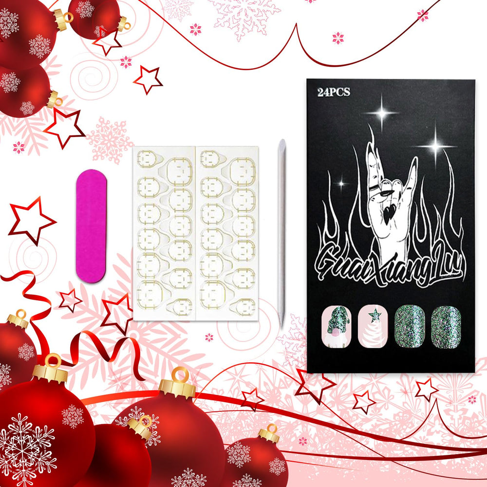 Christmas Press On Nails closeup of Christmas tree design.