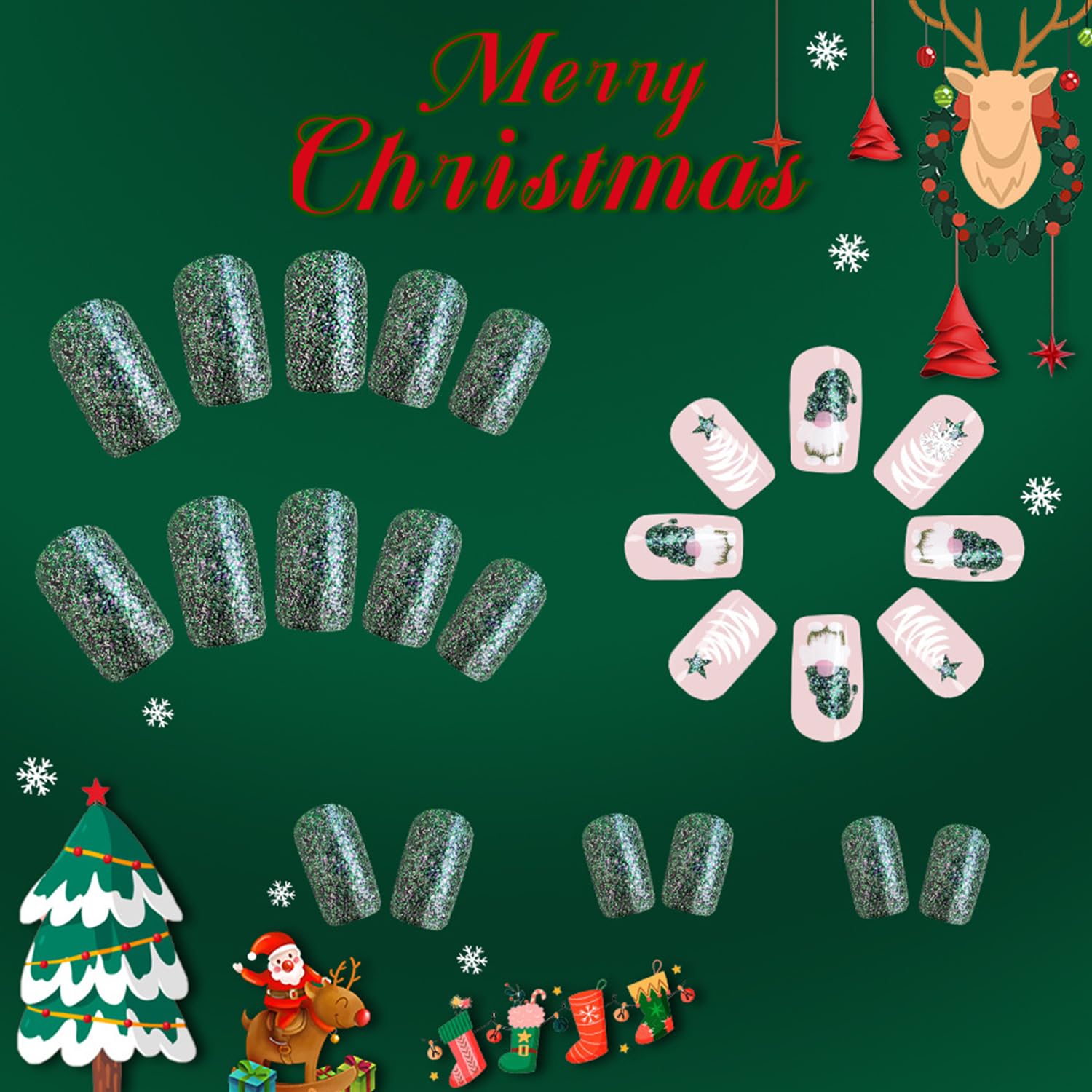 Christmas Press On Nails front view shows glossy green glitter gnome detail.