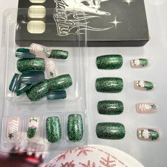 Christmas Press On Nails side view highlights medium square shape.