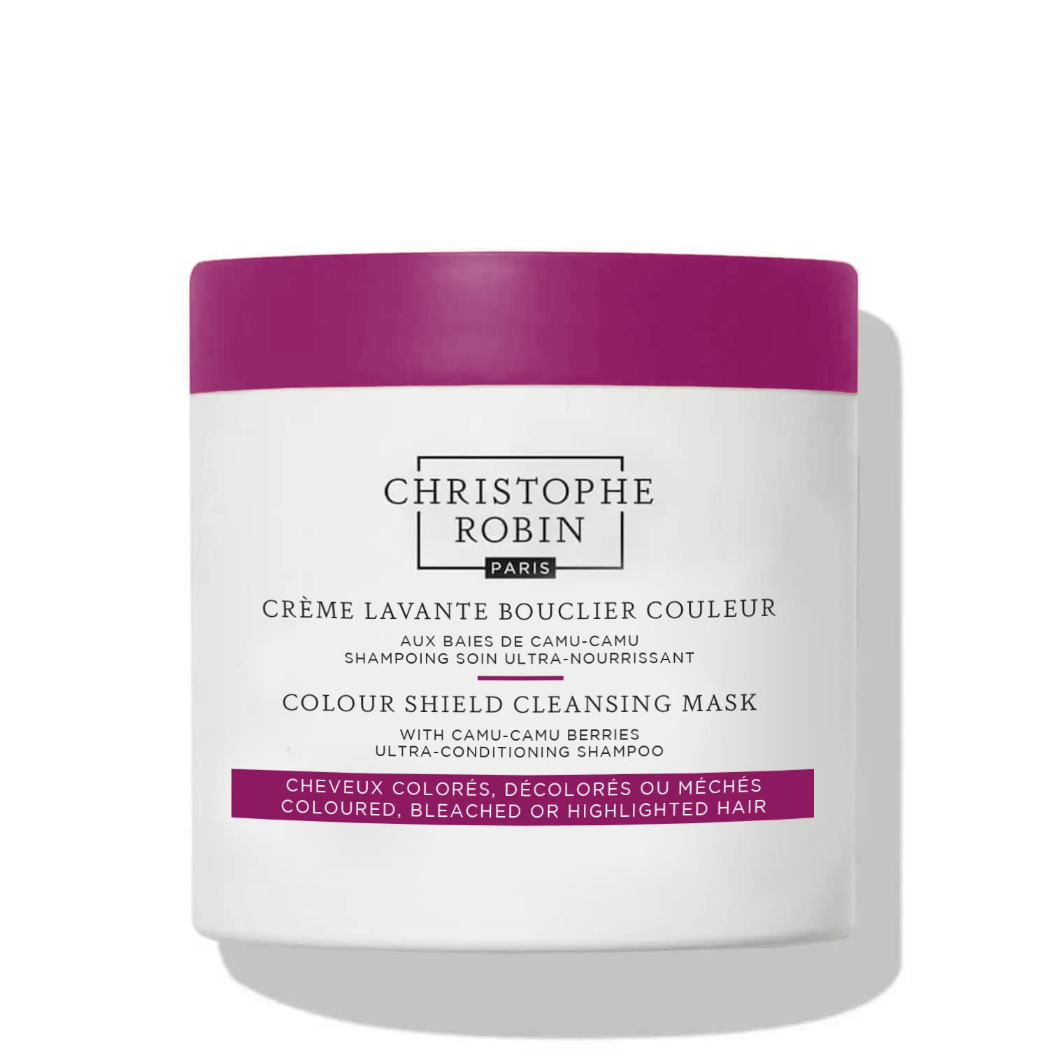 Christophe Robin Color Shield Cleansing Mask with Camu Camu berries bottle boosts color vibrancy protection.