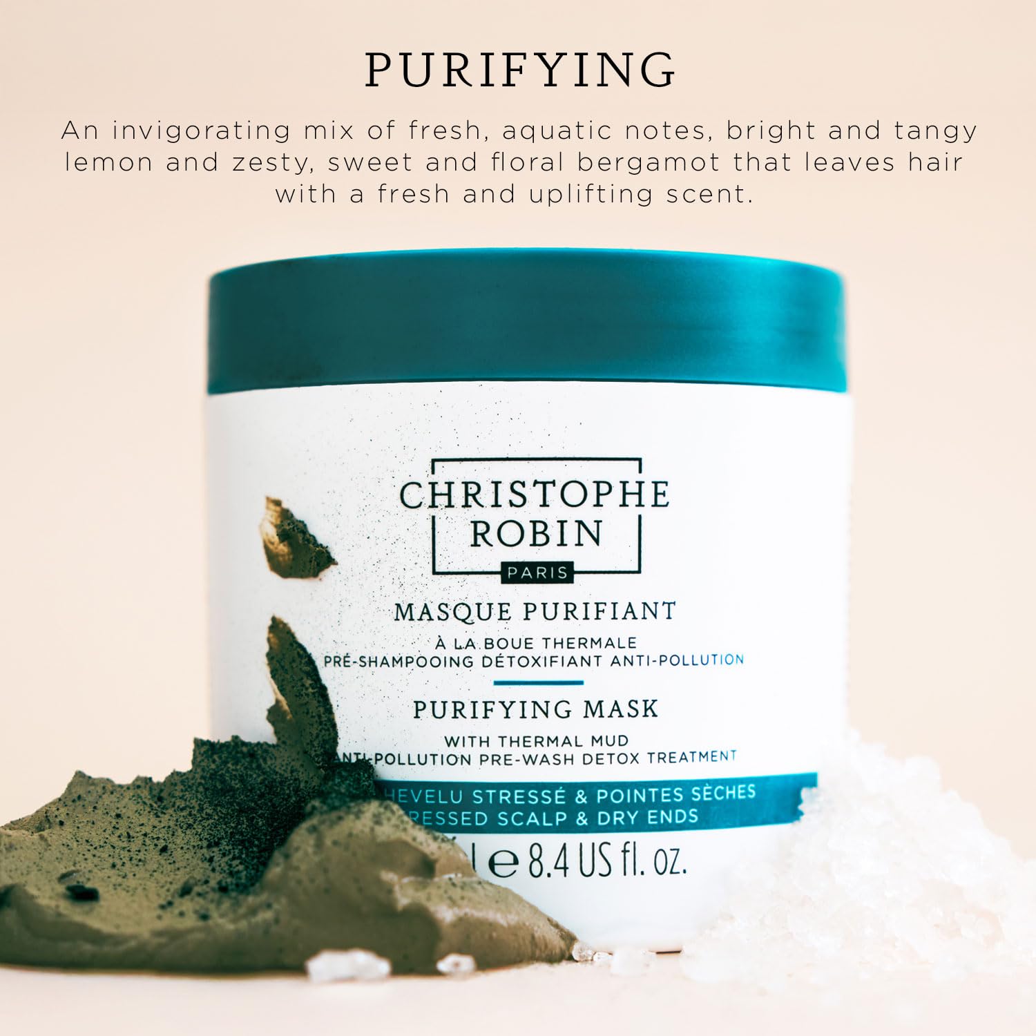 Christophe Robin Purifying Shampoo texture shifting from mud to foam for purifying cleanse
