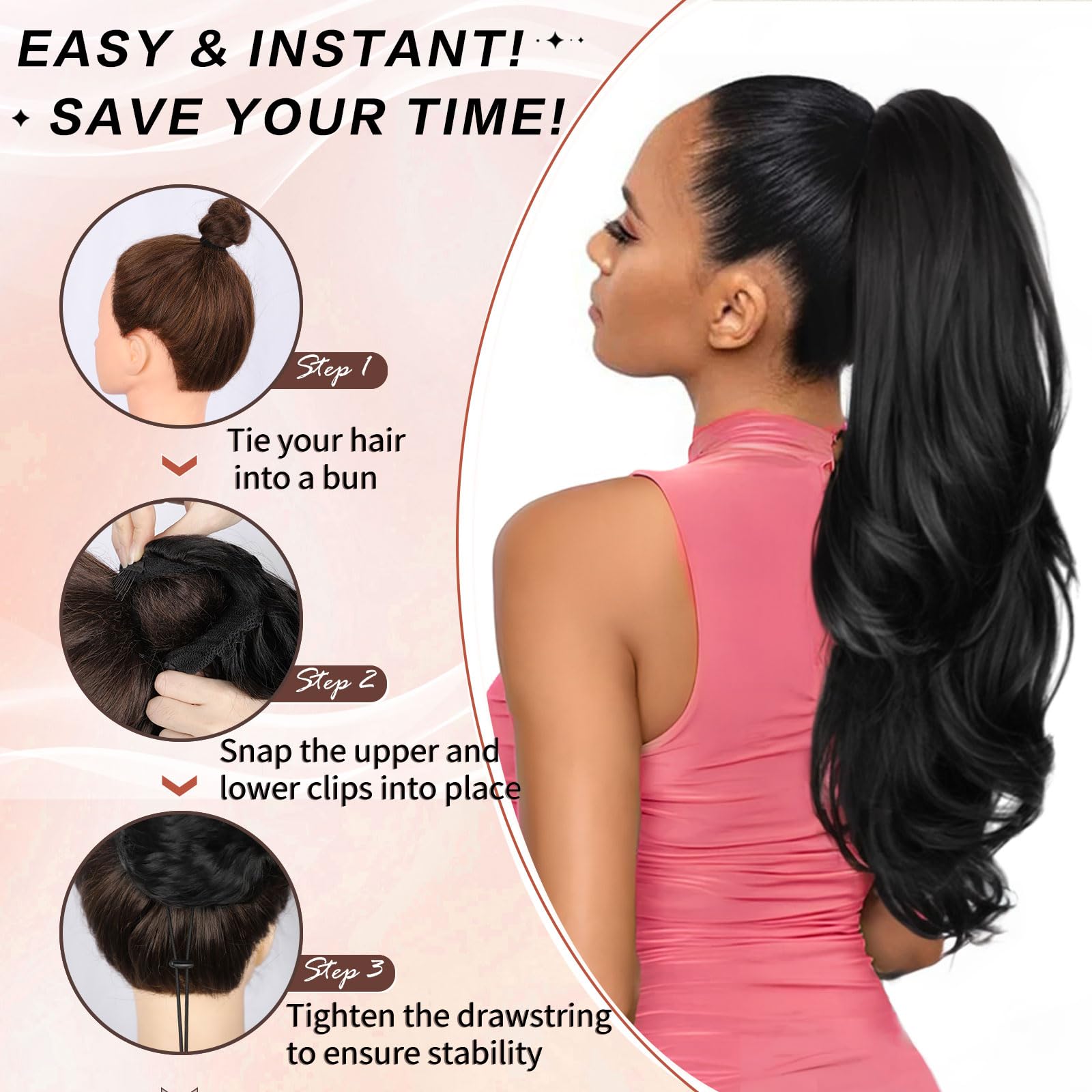 CHRSHN fast transformation: tie bun, fix with inner clips, pull drawstring