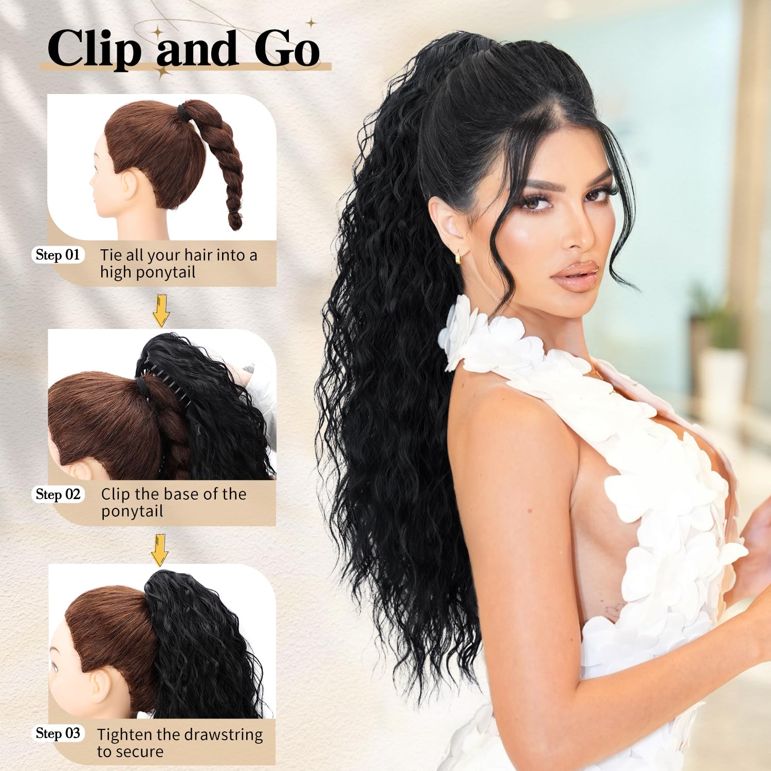 CHRSHN model wearing the ponytail demonstrates versatile event ready looks