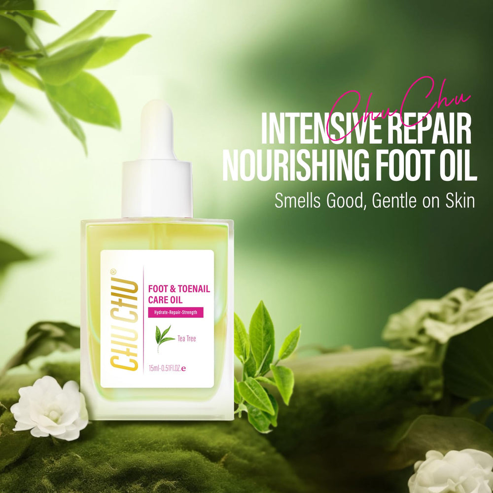 CHUCHU dropper applying oil to toenail bed for targeted nourishment.