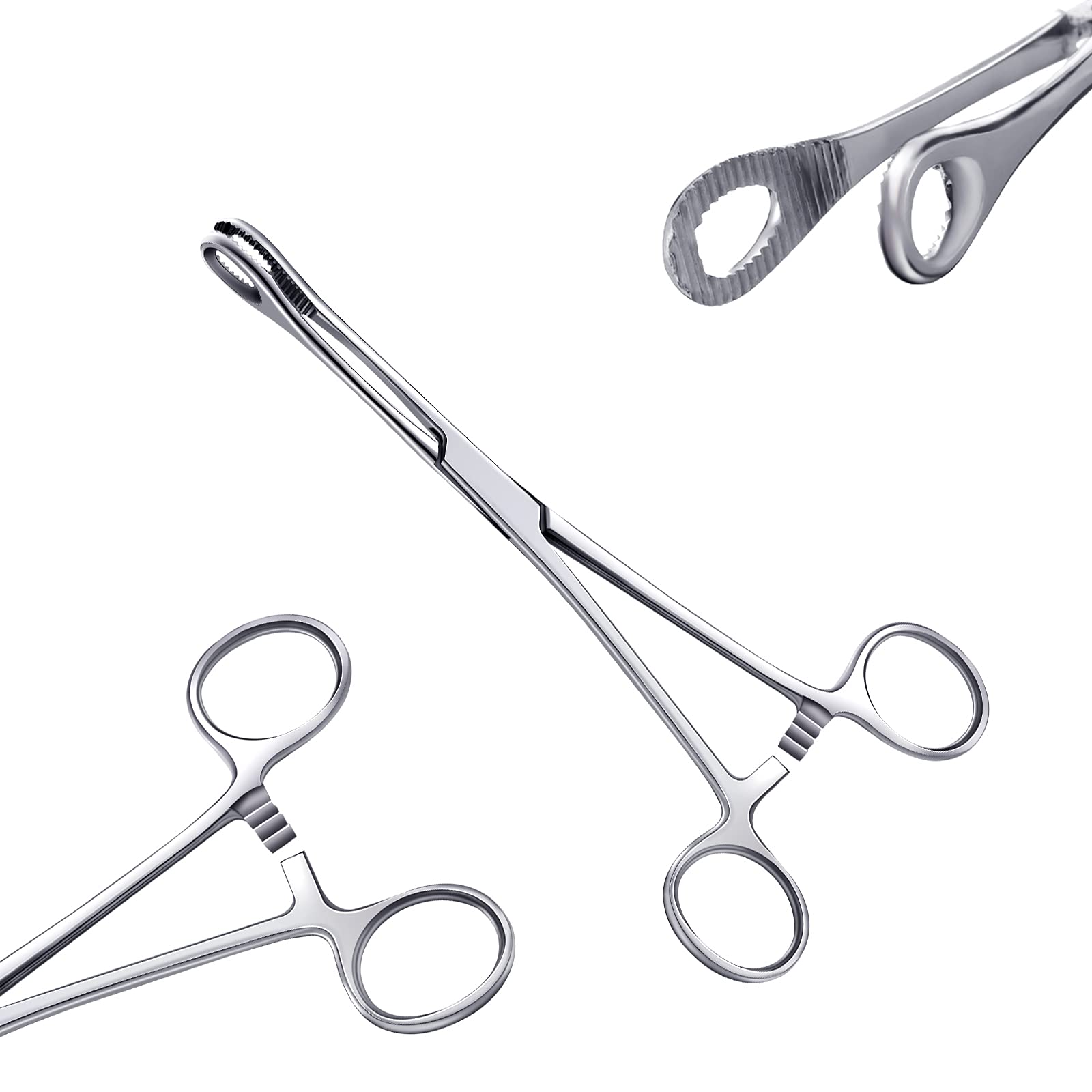 Stainless steel forceps provide a sturdy grip for controlled handling.