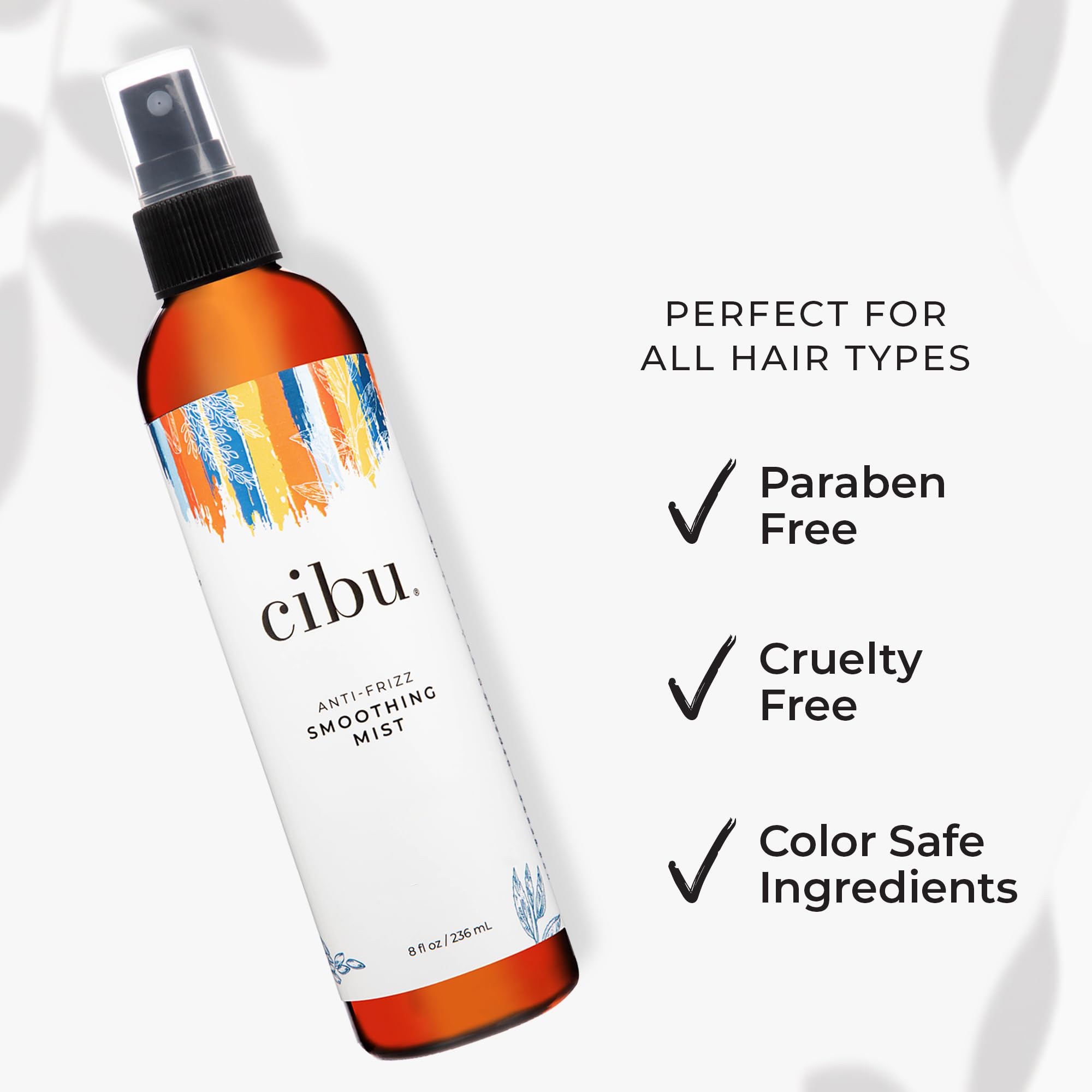 CIBU anti-frizz smoothing spray on hair shows frizz control and natural shine.