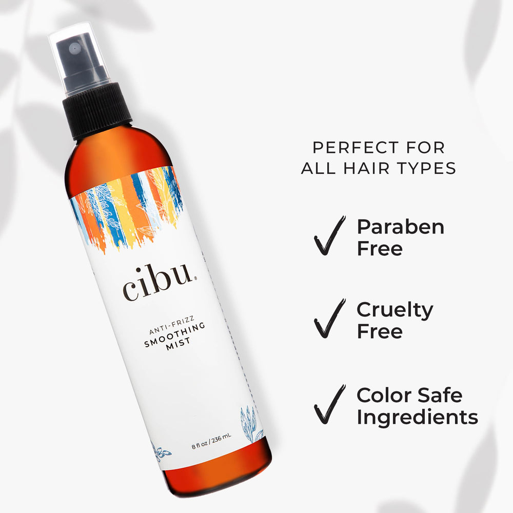 CIBU anti-frizz smoothing spray on hair shows frizz control and natural shine.