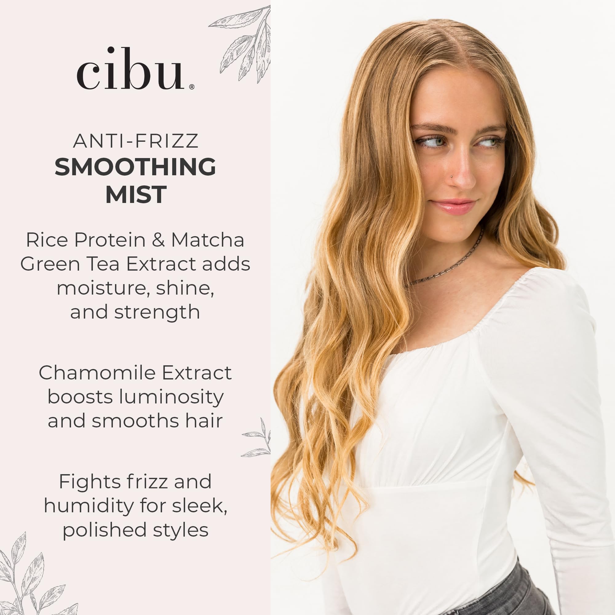 CIBU anti-frizz smoothing spray on shiny hair highlights flexible hold.