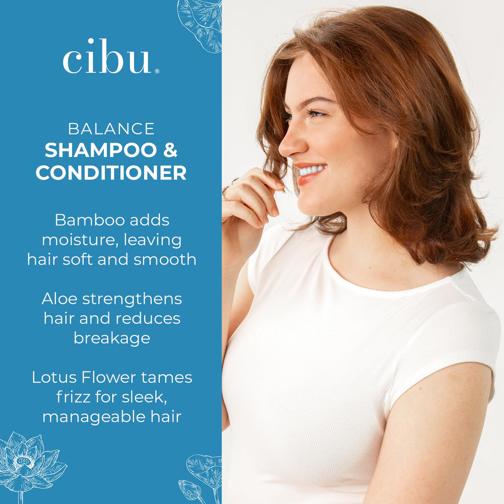 CIBU Balance bamboo–aloe–lotus blend visible for healthy-looking hair