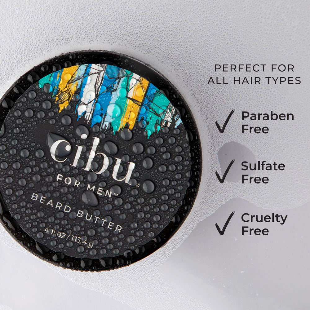 CIBU beard butter texture on coarse hair preview demonstrates smoothing effect.