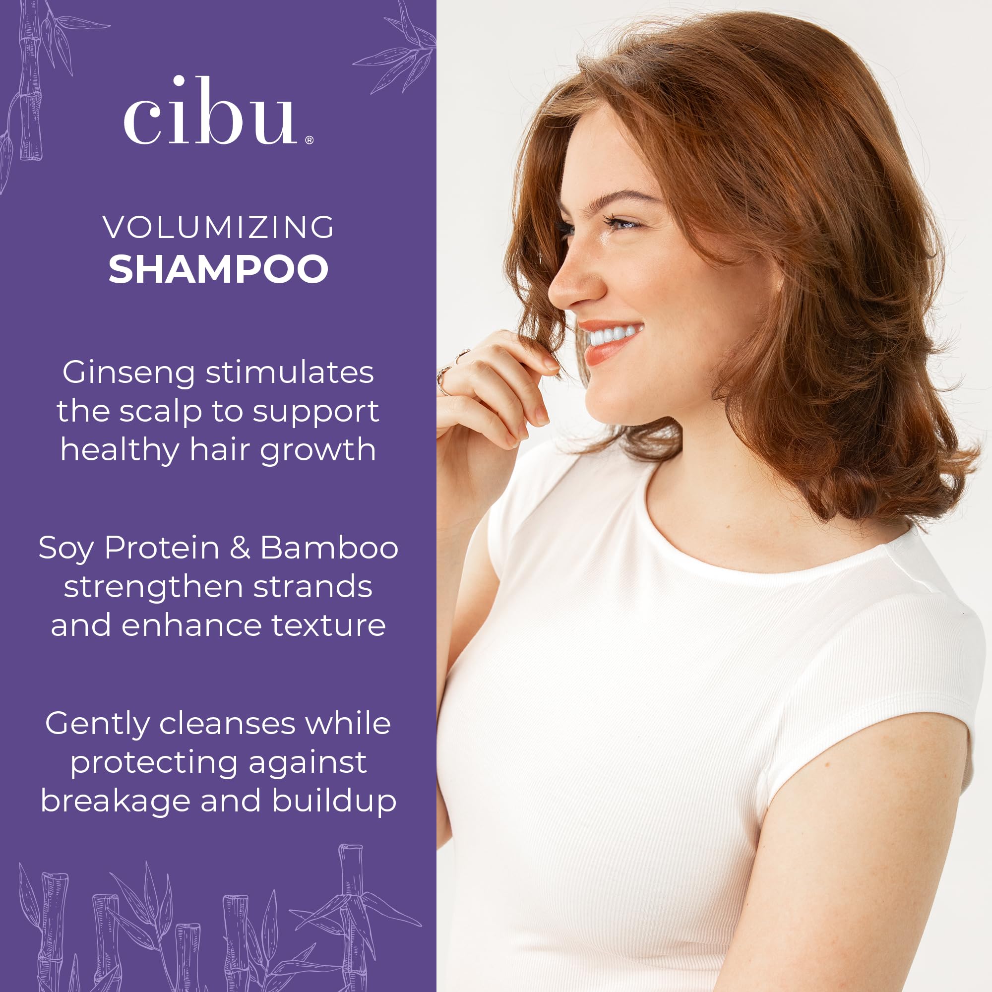 CIBU Ginseng, Soy, Bamboo blend emphasizes strengthening hair texture.