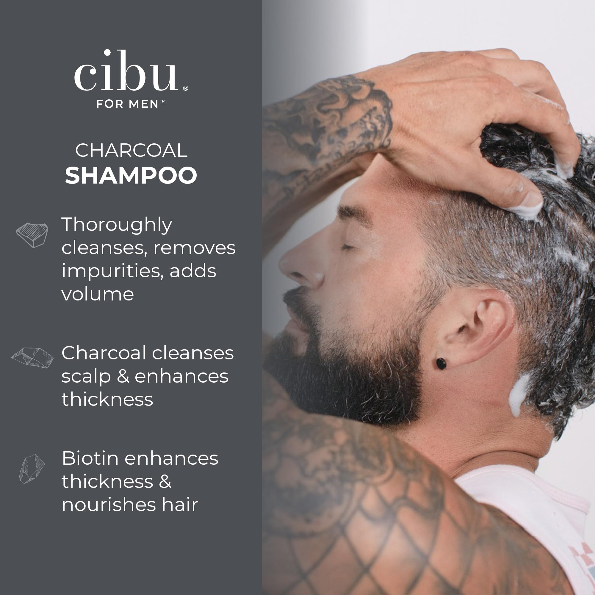 CIBU Charcoal Shampoo volumizing hair shot suggests fuller look.