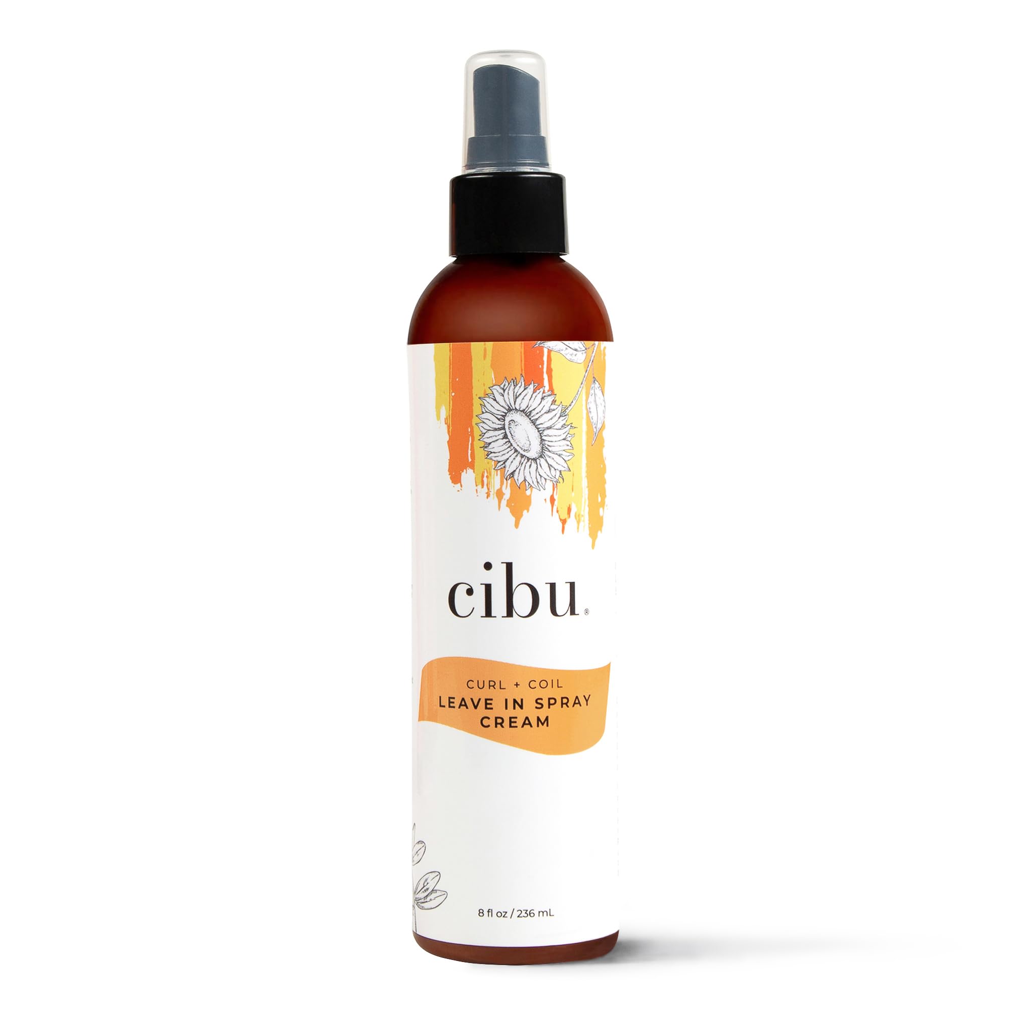 CIBU Curl + Coil Leave In Spray bottle close-up showing sleek design for frizz control and shine