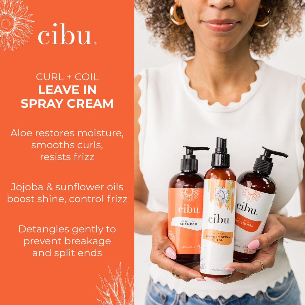 CIBU Curl + Coil Leave In Spray defining curls and enhancing texture