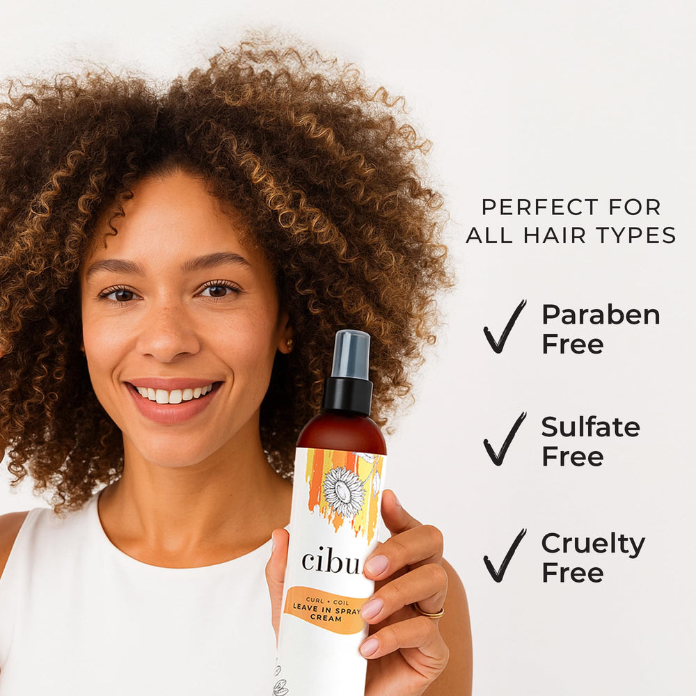 CIBU Curl + Coil Leave In Spray product illustrating frizz control in action